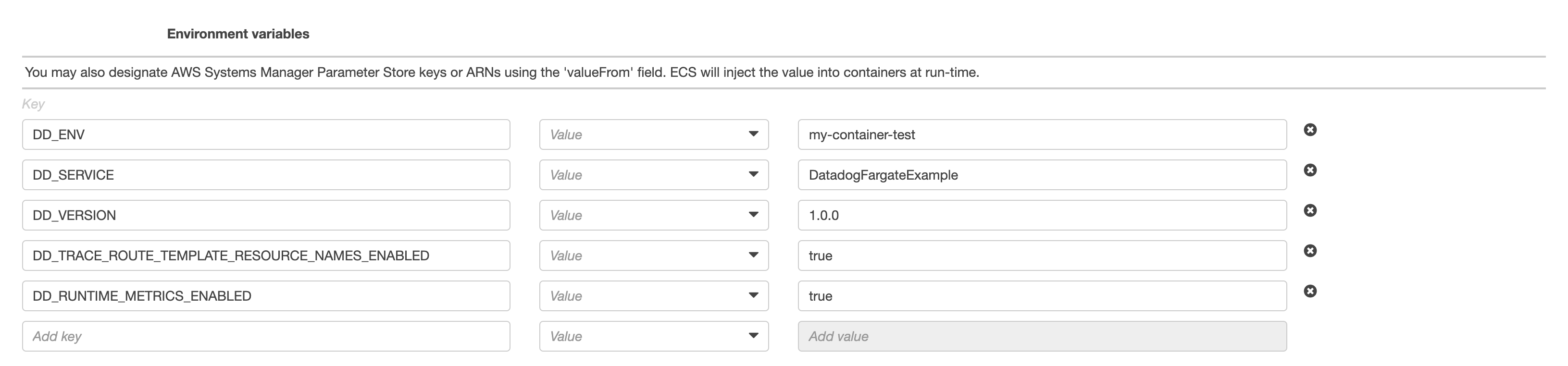 Environment variables for the application container