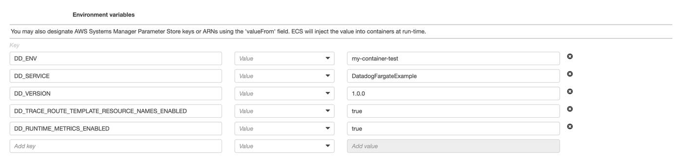 Environment variables for the application container Environment variables for the application container