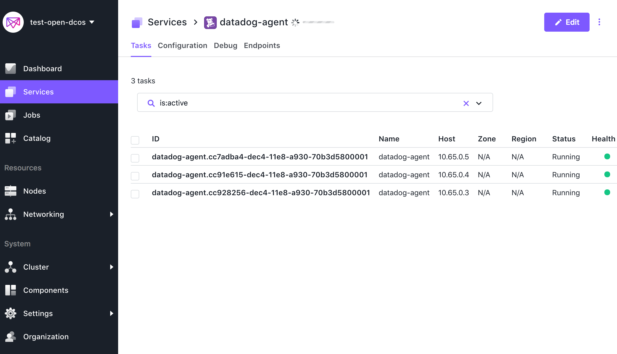 The DC/OS Services page shows the Agent running on all nodes.