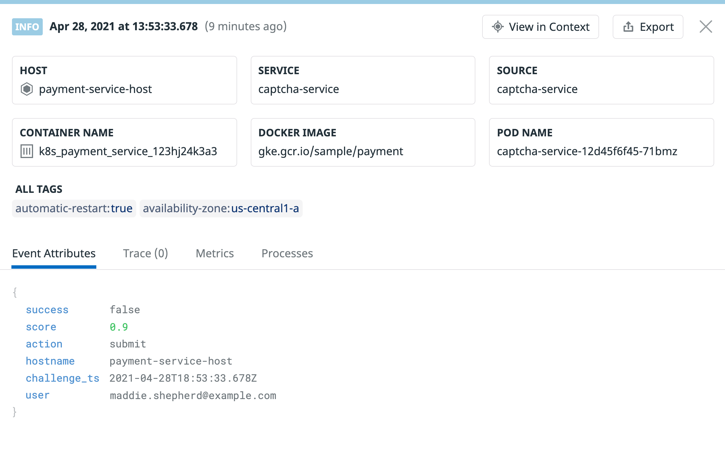Log showing reCAPTCHA JSON output