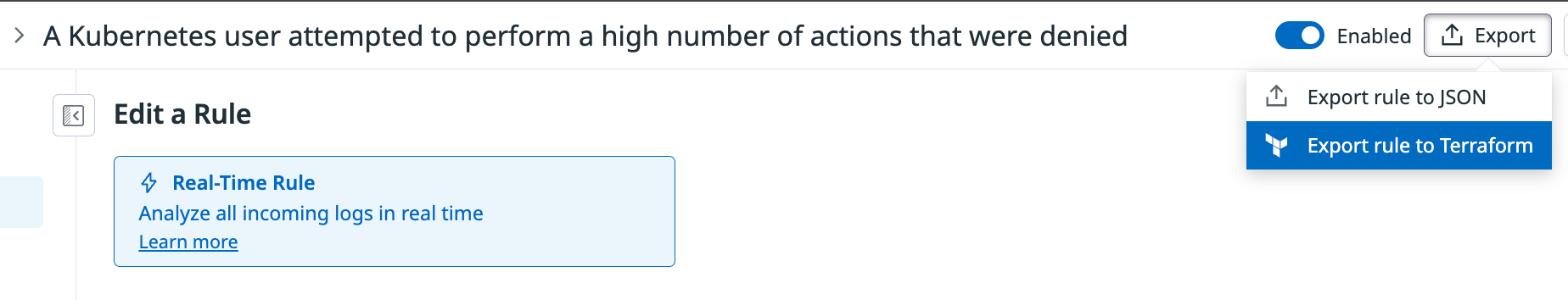 Menu option for exporting detection rule to Terraform