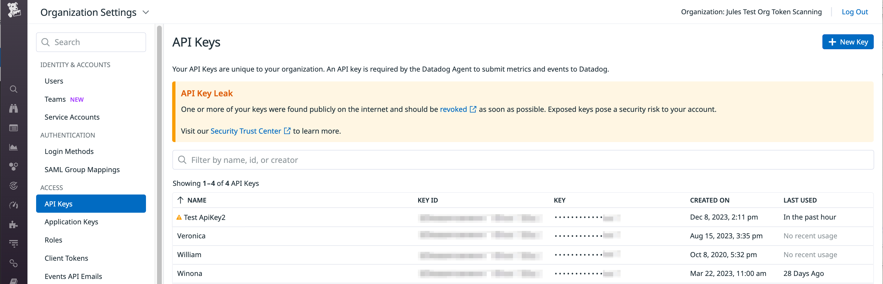 Datadog posts an in-app notification that alerts users to leaked API keys.