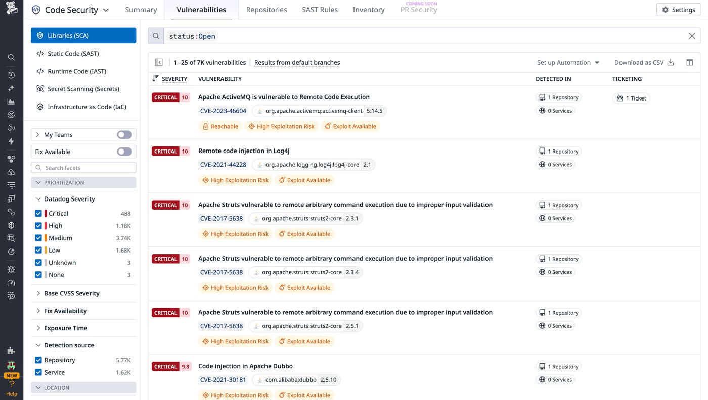 A screenshot showing critical code vulnerabilities in Datadog Code Security A screenshot showing critical code vulnerabilities in Datadog Code Security