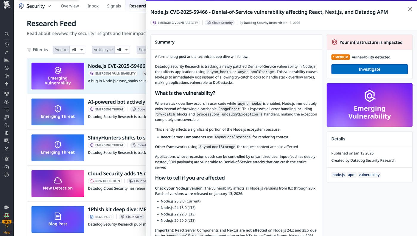 A screenshot showing the Security Research Feed in Datadog A screenshot showing the Security Research Feed in Datadog