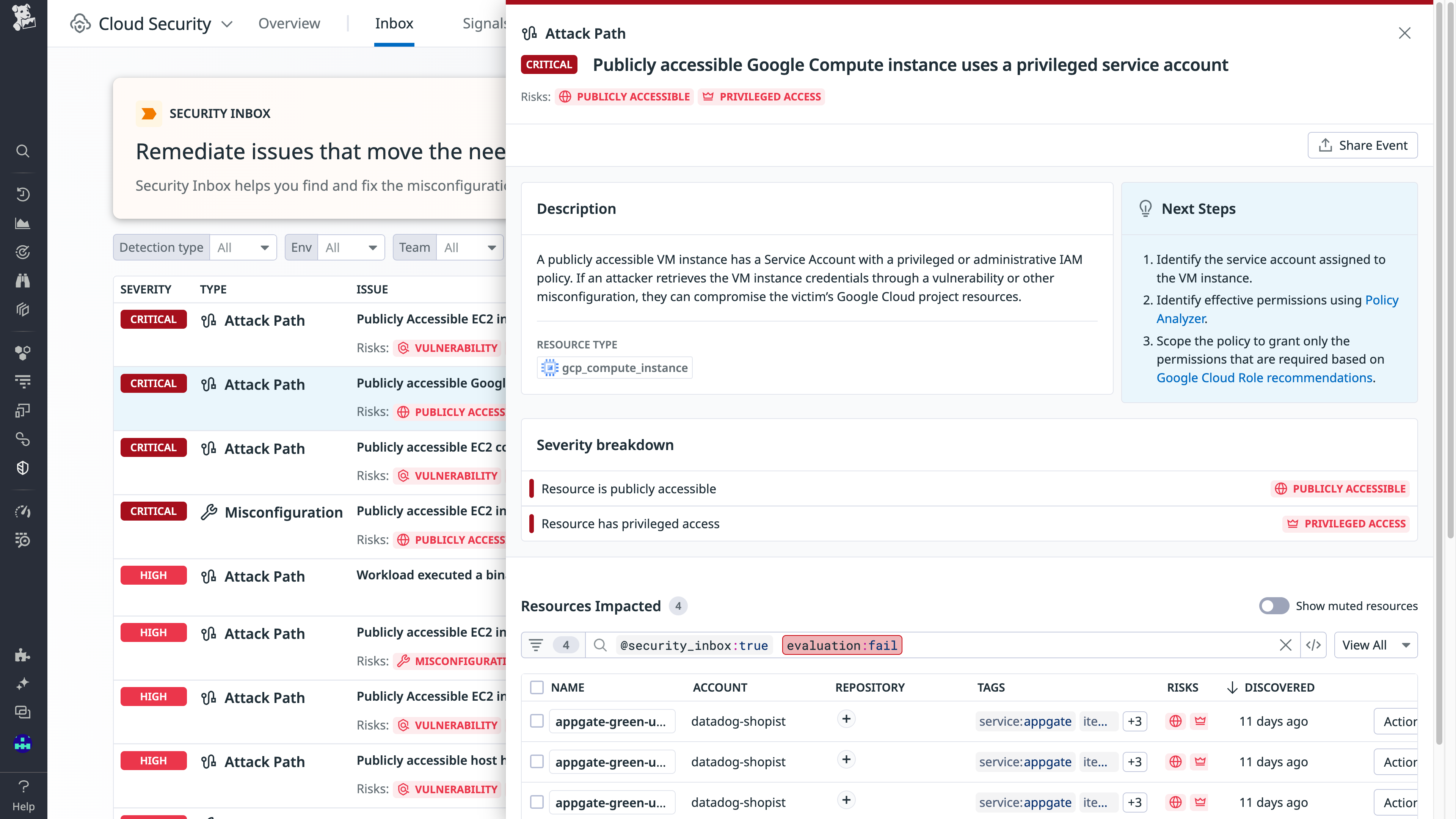 Datadog identifies an internet-facing Google Cloud Compute instance tied to a privileged entity
