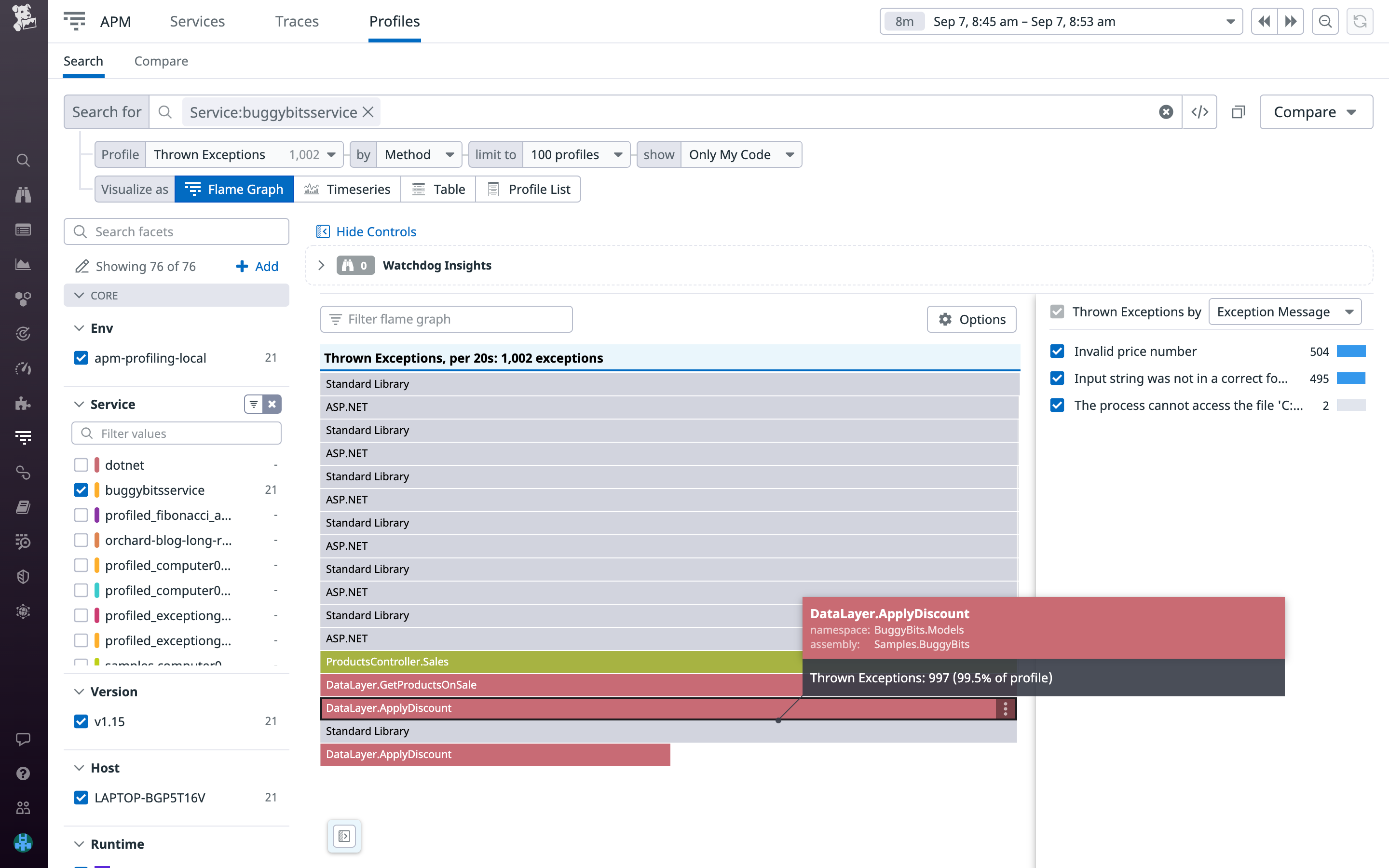 View thrown exceptions using the Continuous Profiler.