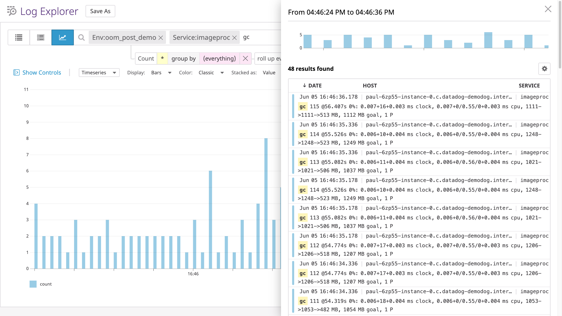 Datadog’s Log Analytics view showing Golang garbage collection logs.