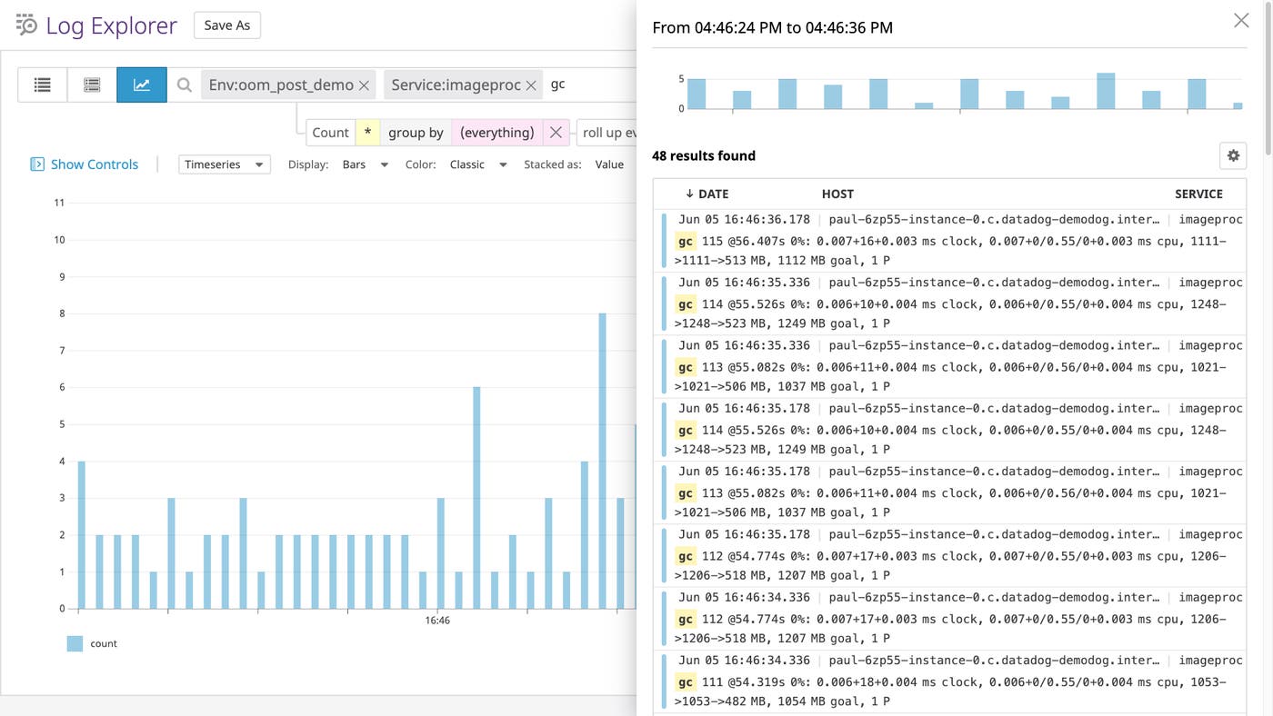 Datadog’s Log Analytics view showing Golang garbage collection logs. Datadog’s Log Analytics view showing Golang garbage collection logs.