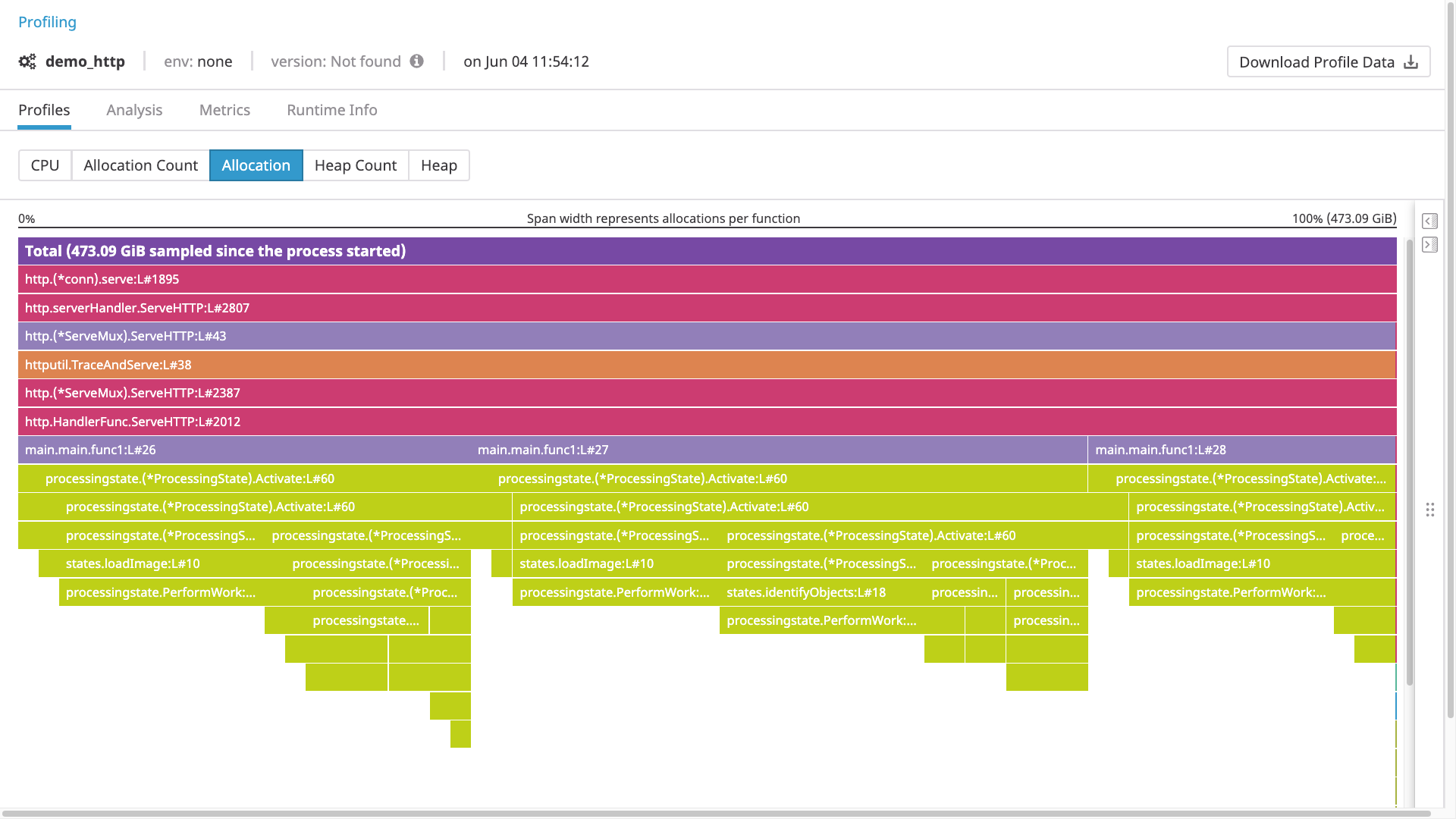 A Datadog memory profile.