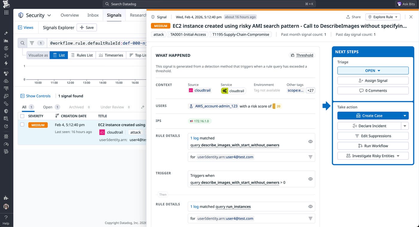 Datadog Cloud SIEM signal flagging an EC2 instance launched from a risky AMI, showing scope of impact and available response actions. Datadog Cloud SIEM signal flagging an EC2 instance launched from a risky AMI, showing scope of impact and available response actions.