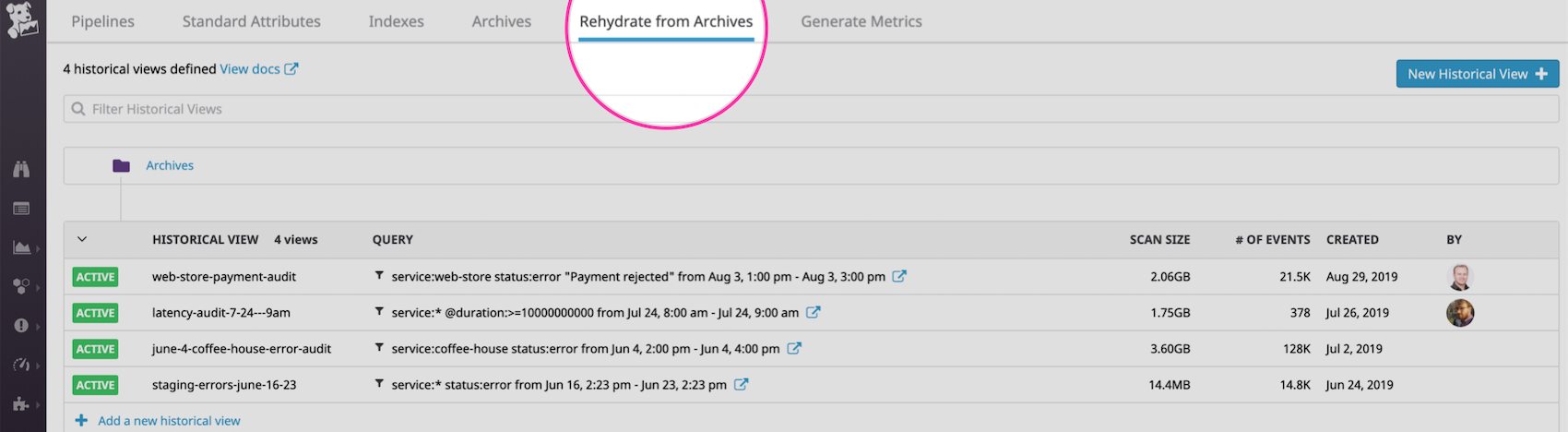 Select Rehydrate from Archives to create a Historical View