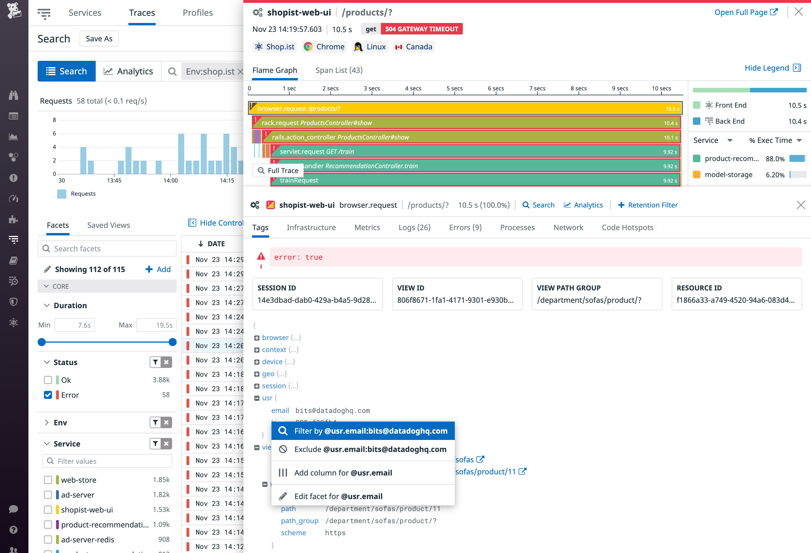 The trace view shows the flame graph and the tags tab, with session, browser, and user metadata. A context menu allows us to filter traces by user email address.