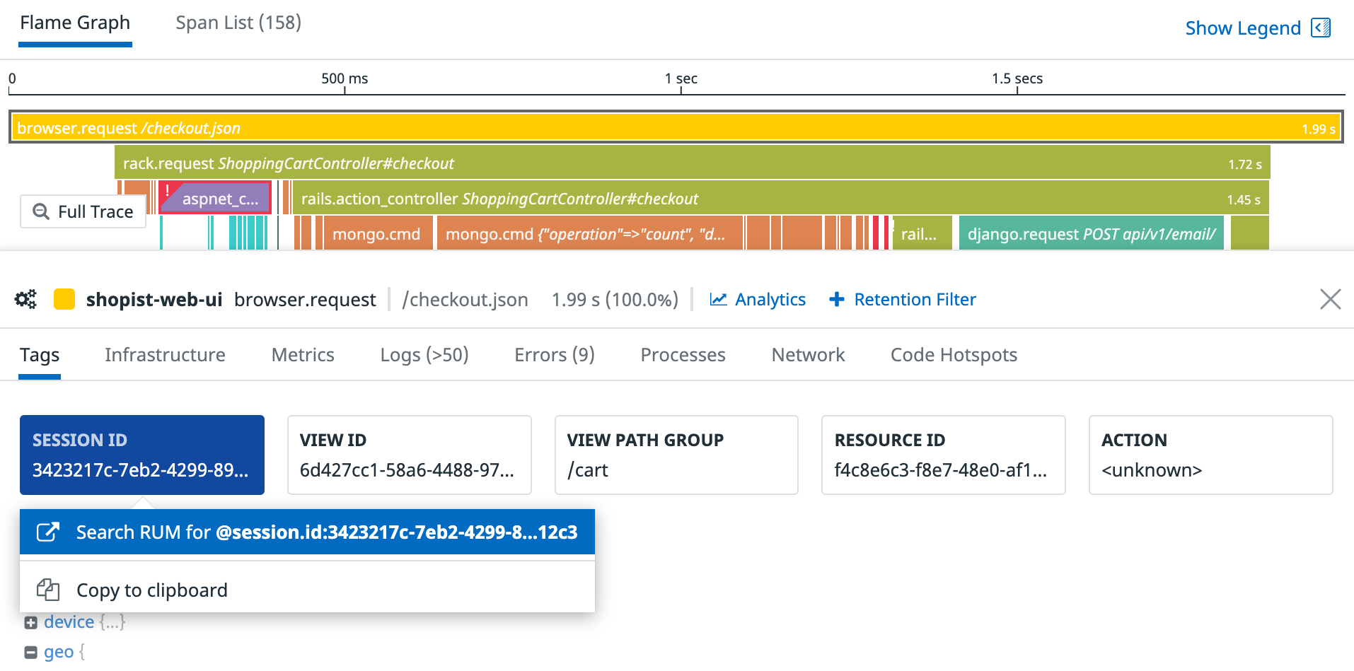 The flame graph shows spans and the tags tab shows the session ID, which we can use to pivot to RUM explorer.