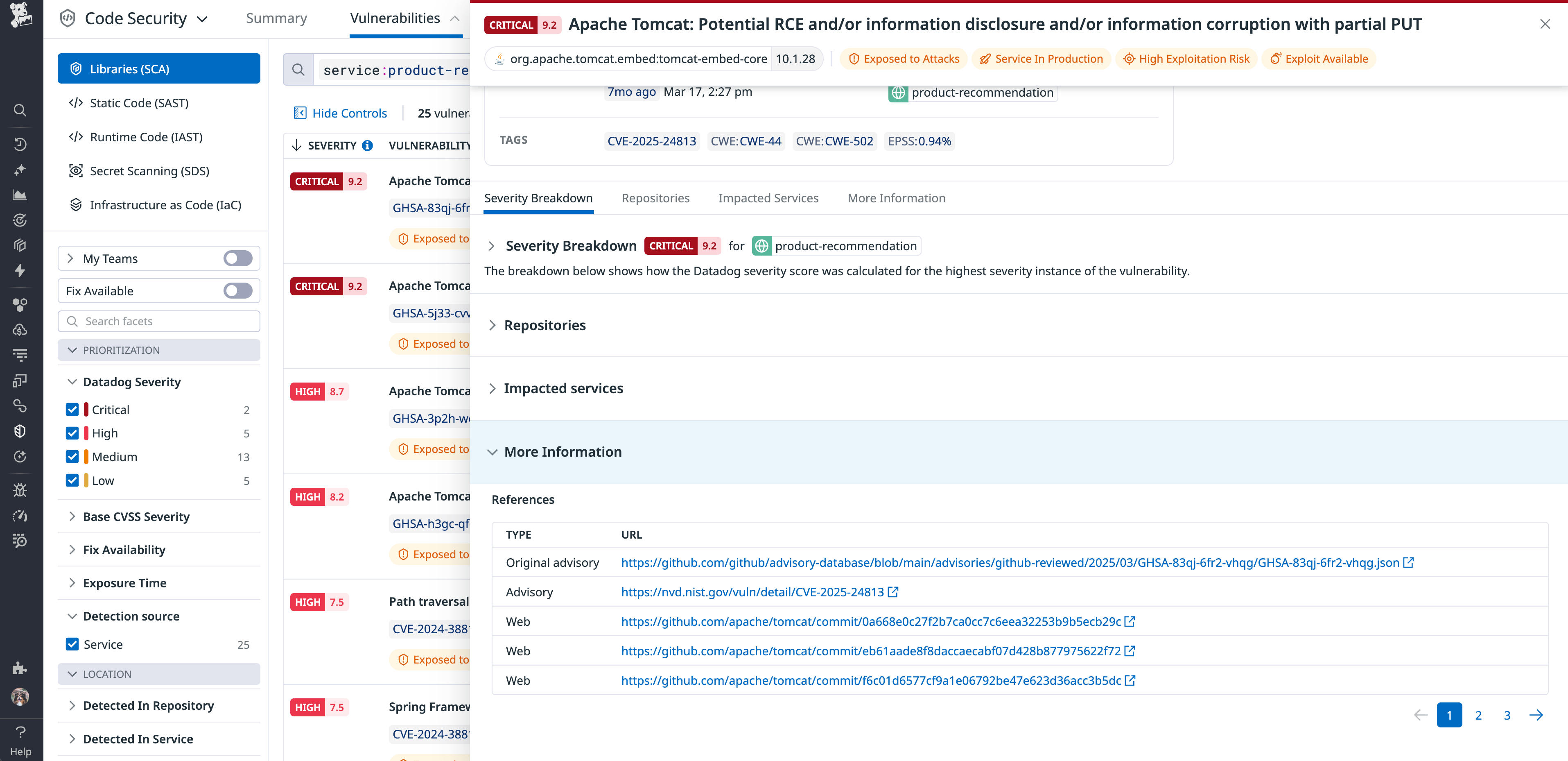 Sidebar in Datadog Code Security showing links to external resources