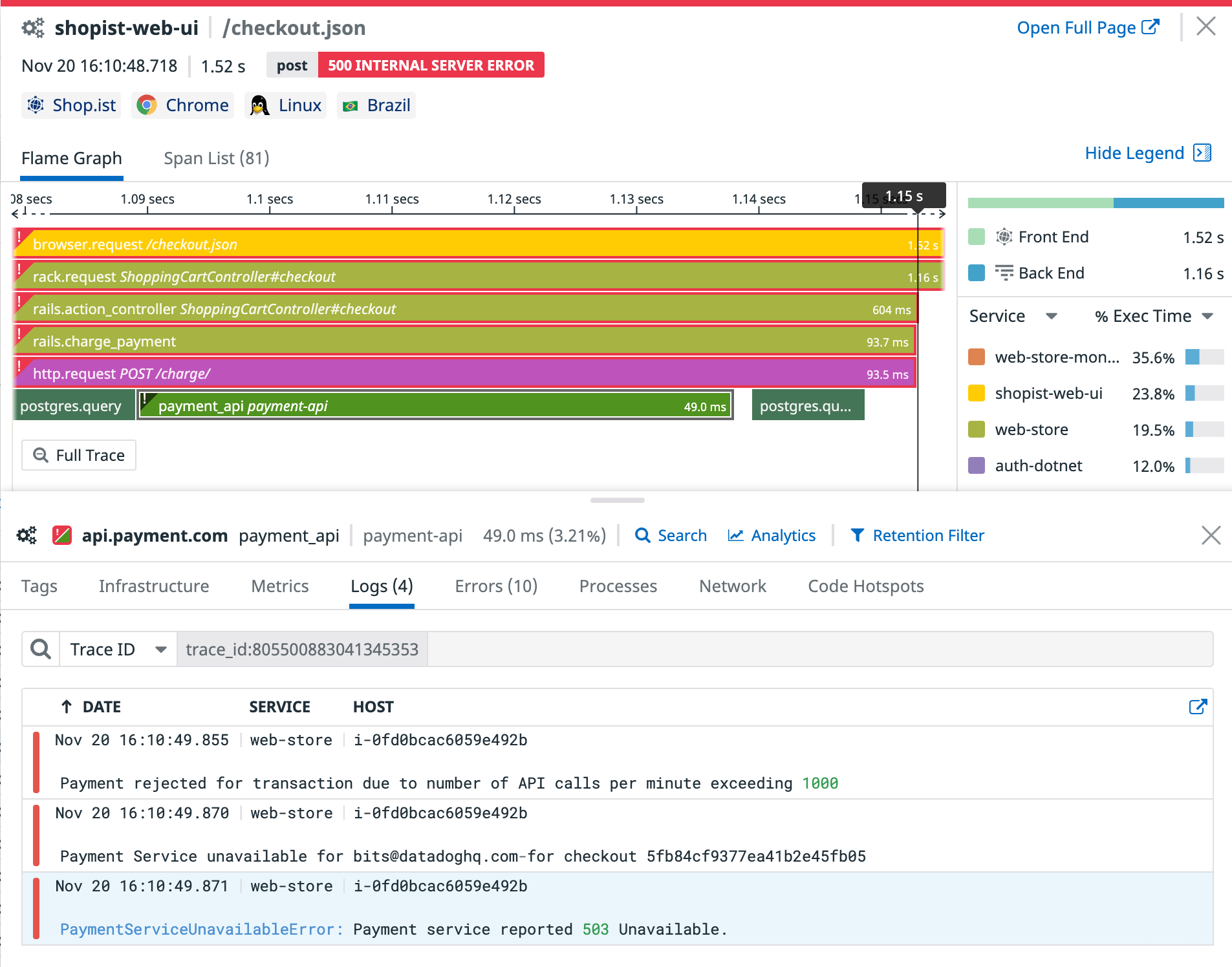Warning logs and error logs appear below the flame graph.