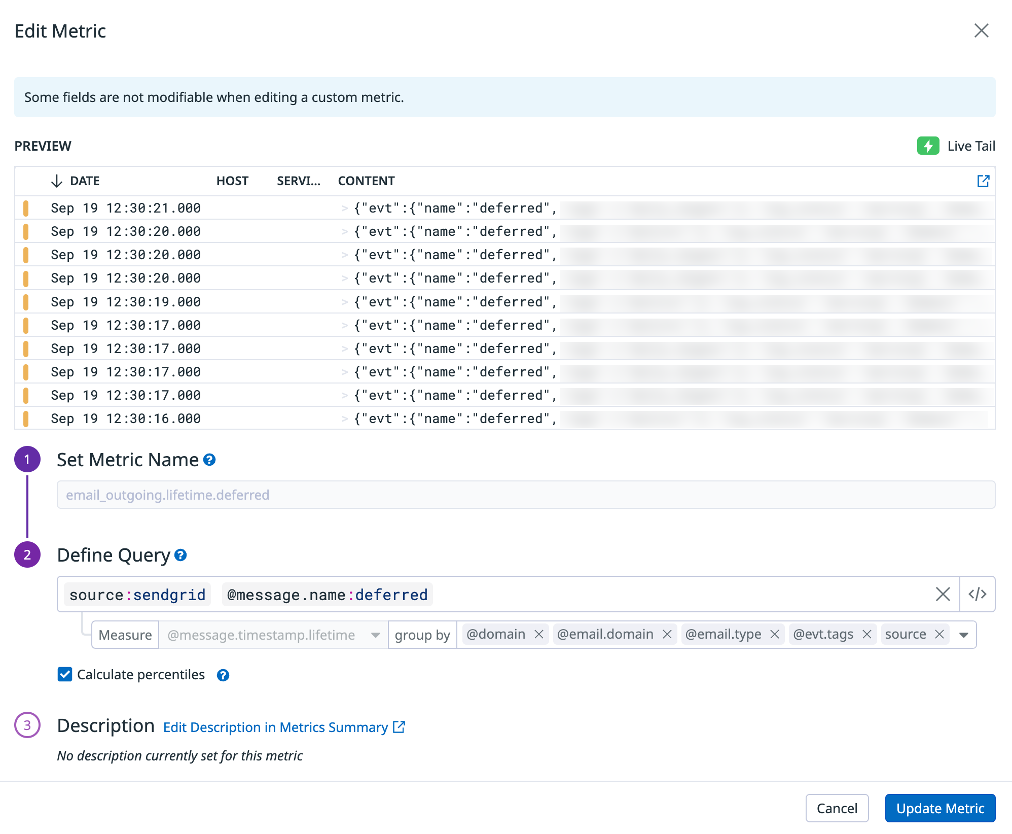 Generating a metric from email tranport logs to track delivery latencies.