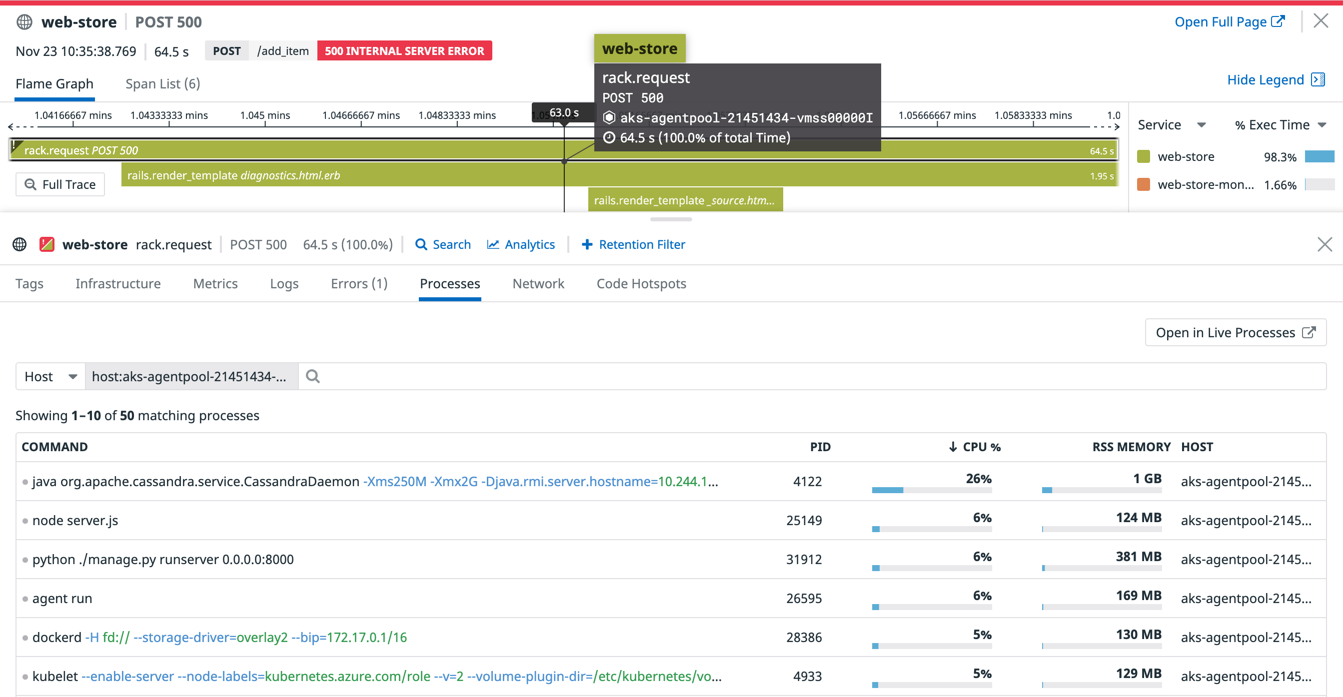 A process list appears below the flame graph and shows java, node, and Python processes running on the host.