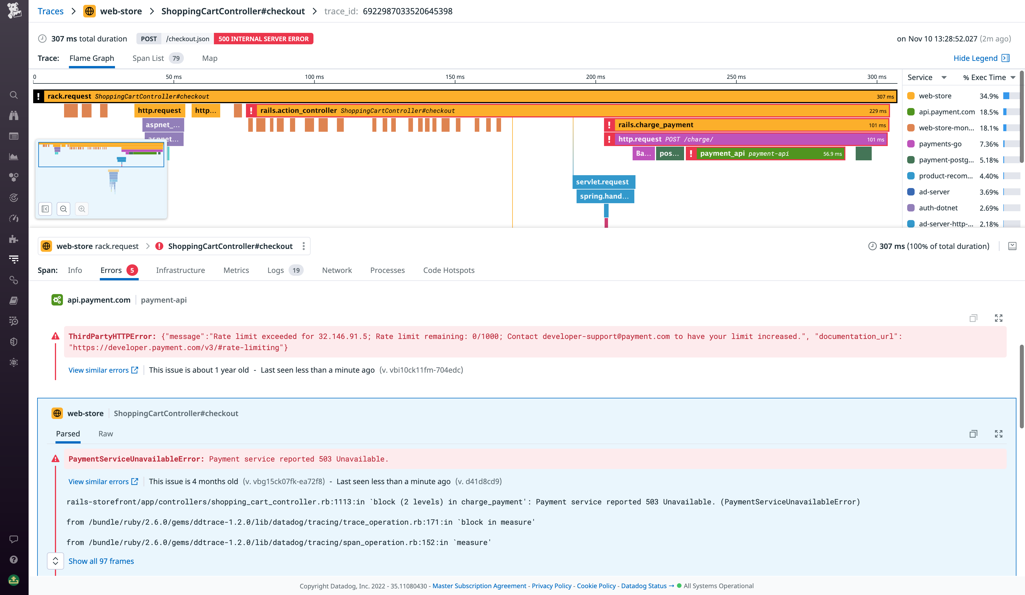 You can navigate from Error Tracking directly to the Trace View.