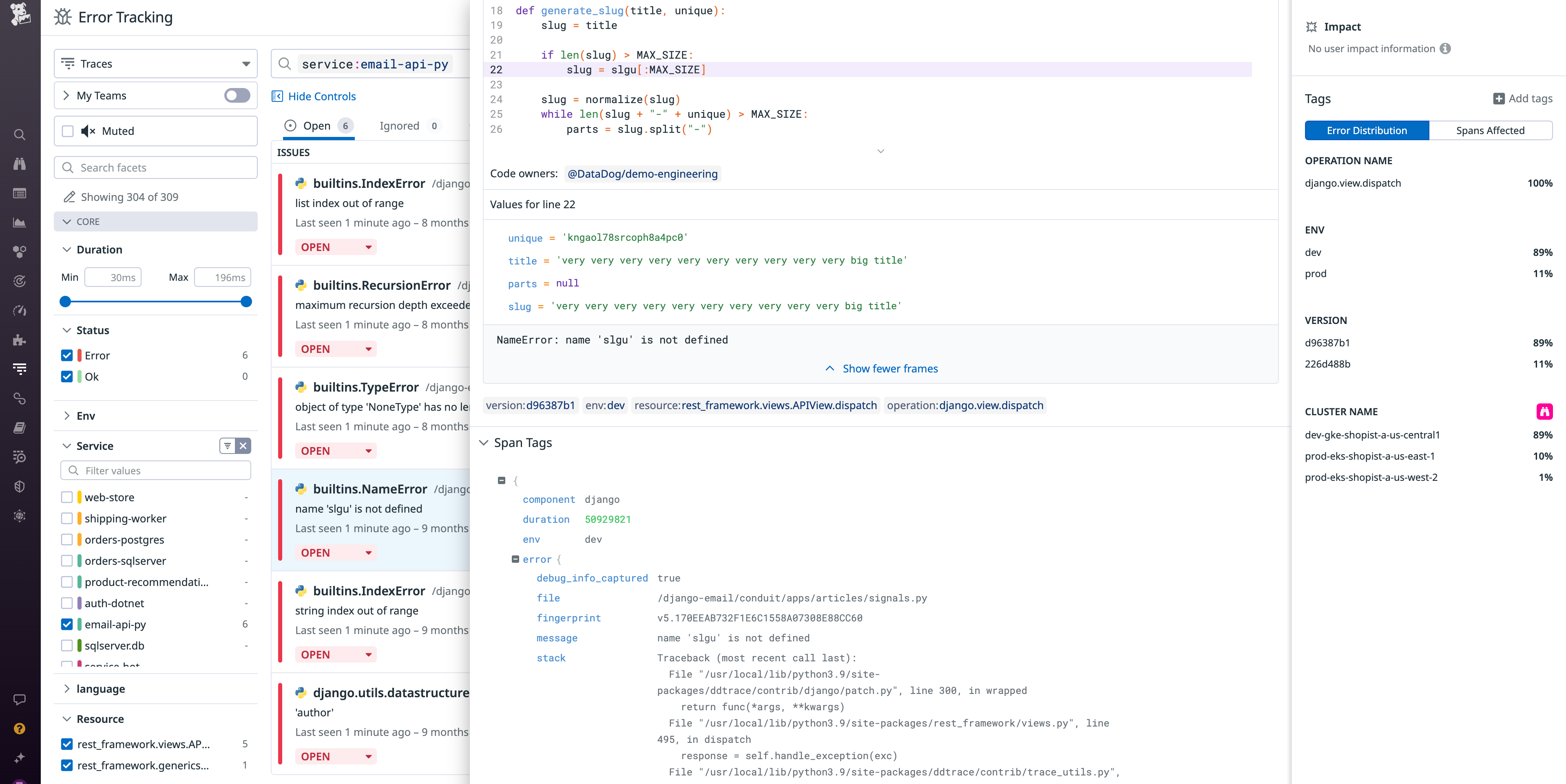 View  of the variable values that caused a name error in the Error Tracking Issue