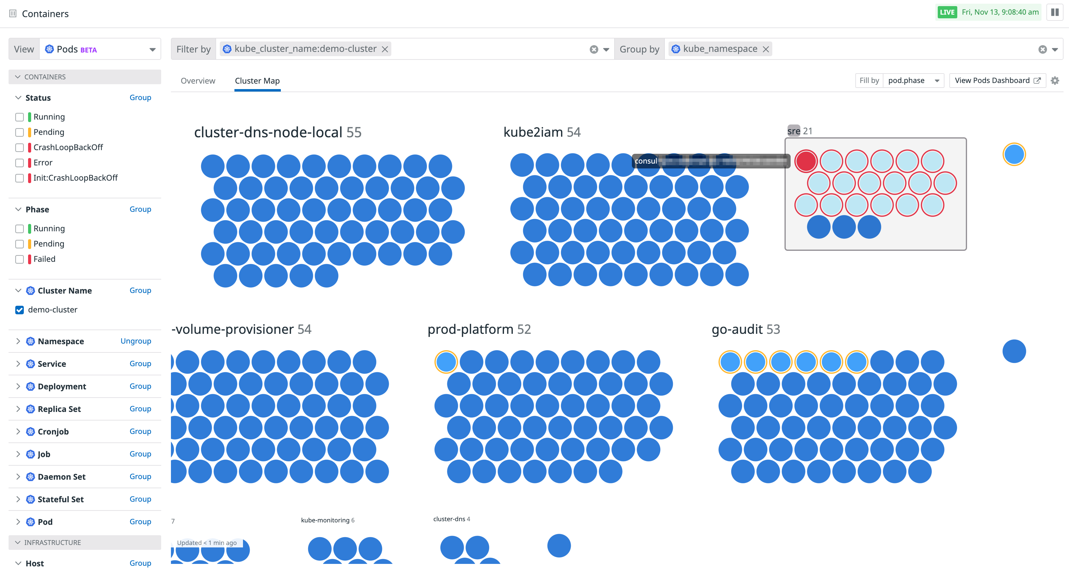 Monitor the health of your Kubernetes pods and deployments with the Cluster Map