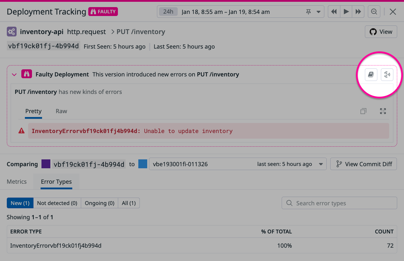 A highlighted area of the faulty deployment detailed view shows buttons to create a Notebook and an incident.