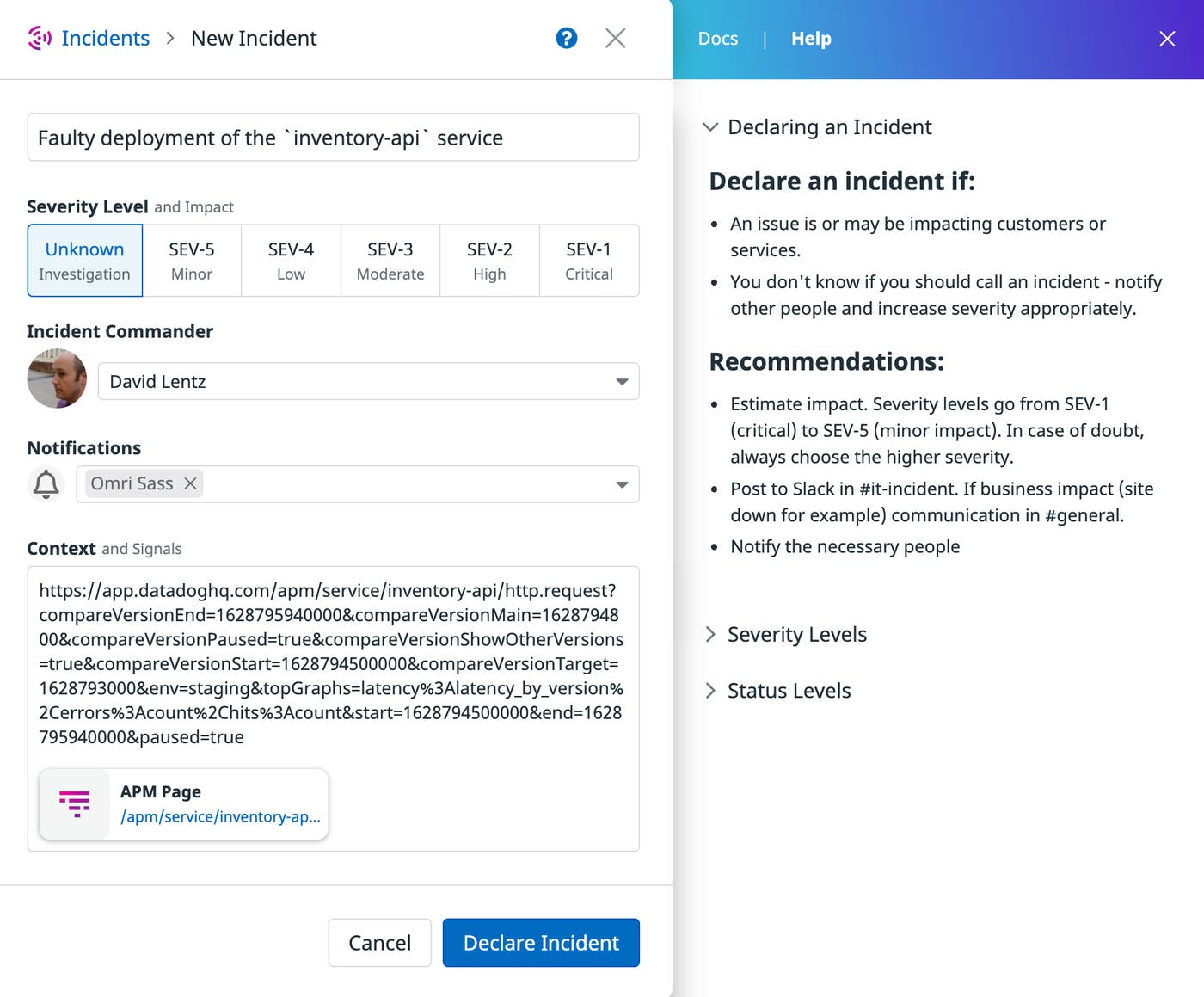 The new incident form includes fields to designate incident severity, incident commander, team members to be notified, and a link to the APM page that describes the faulty deployment. The new incident form includes fields to designate incident severity, incident commander, team members to be notified, and a link to the APM page that describes the faulty deployment.
