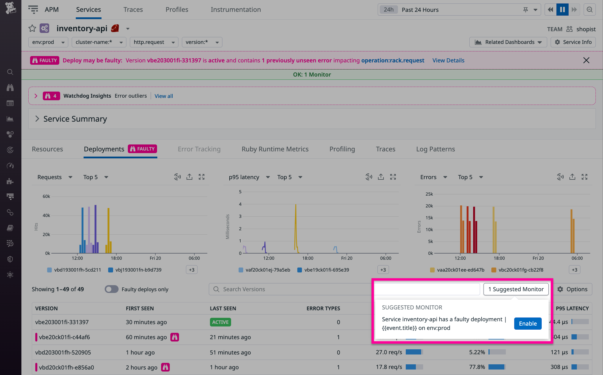 A highlighted area on the service page shows the Suggested Monitor button.