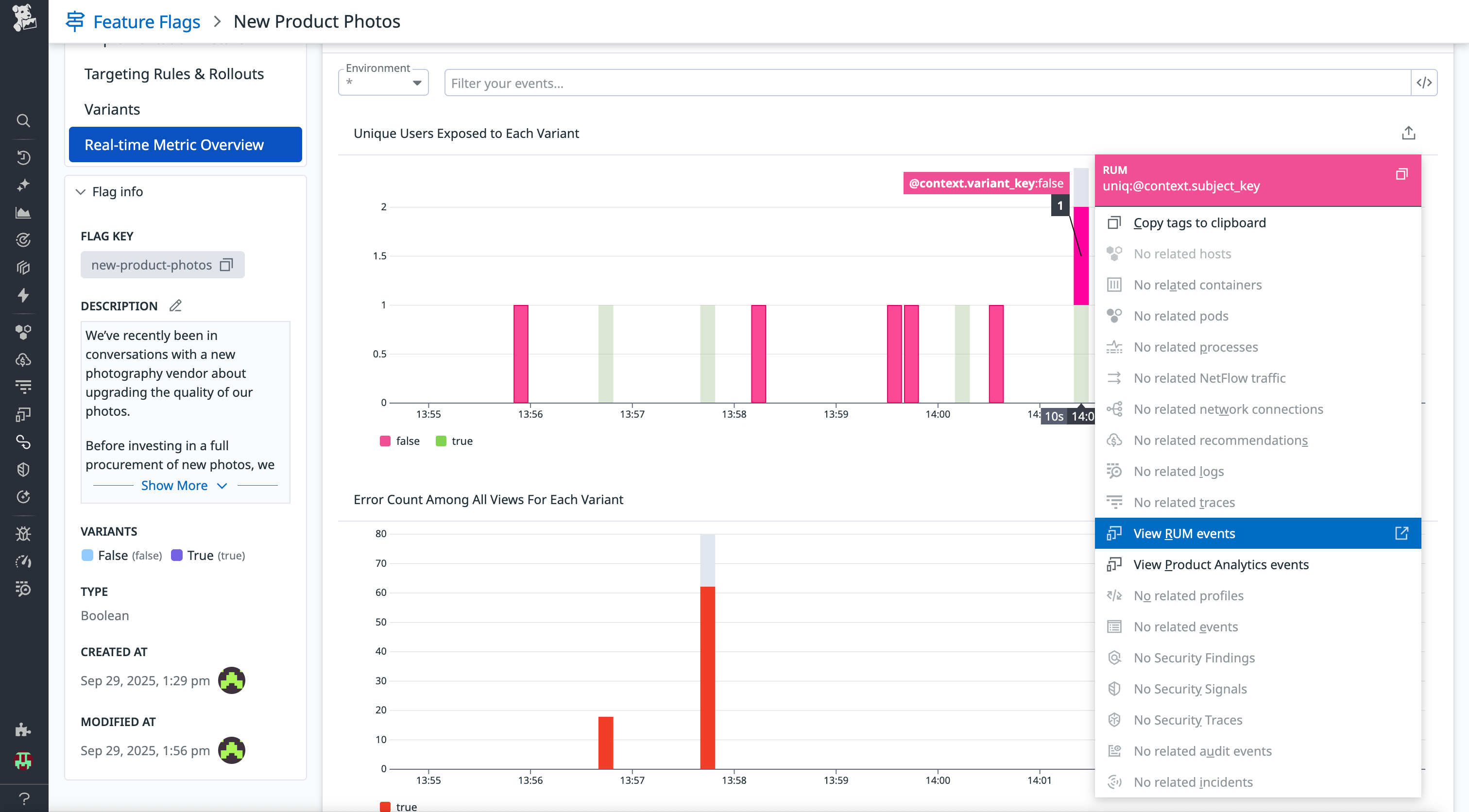 A screenshot showing real-time metrics in a feature flag, and the options to correlate with RUM events and Product Analytics events.