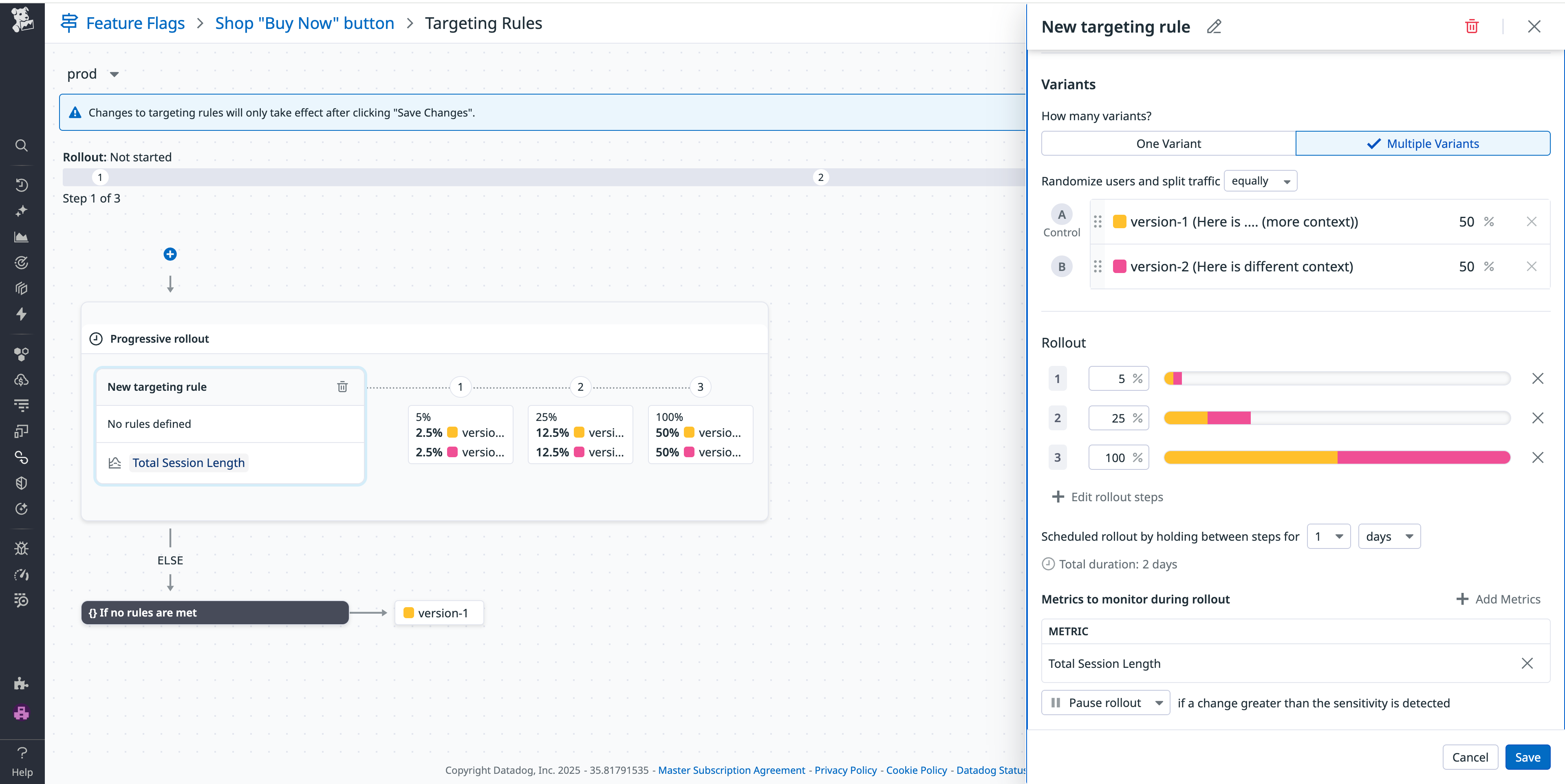 Screenshot of a Datadog Feature Flag configuration showing a progressive rollout in progress. The interface defines two flag variants with traffic gradually increasing from 5 to 25 to 100 percent, while monitoring total session length to automatically pause the rollout if anomalies are detected.