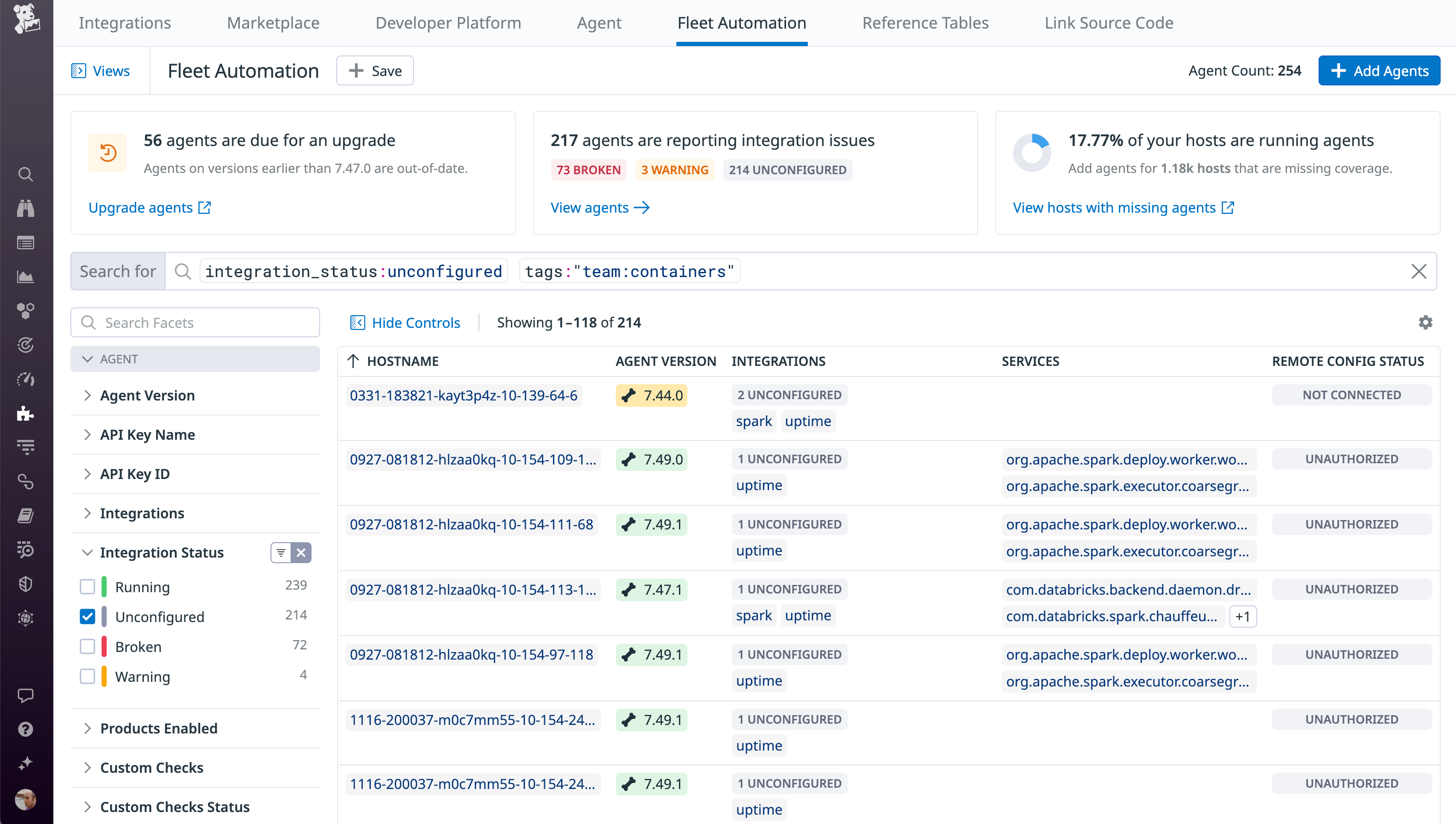 The Fleet Automation view shows a list of agents  that have unconfigured integrations managed by the containers team.