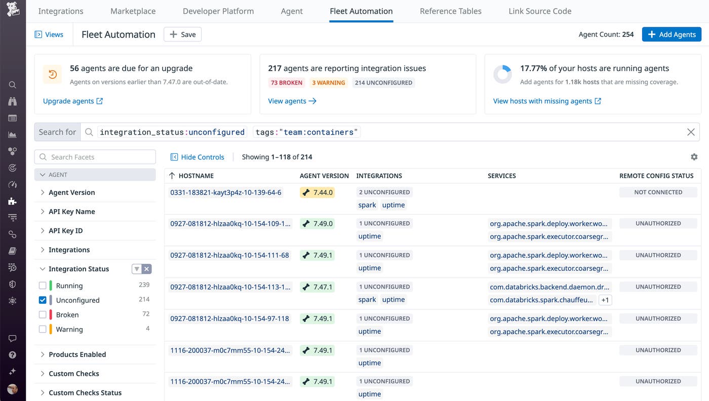 The Fleet Automation view shows a list of agents that have unconfigured integrations managed by the containers team. The Fleet Automation view shows a list of agents that have unconfigured integrations managed by the containers team.