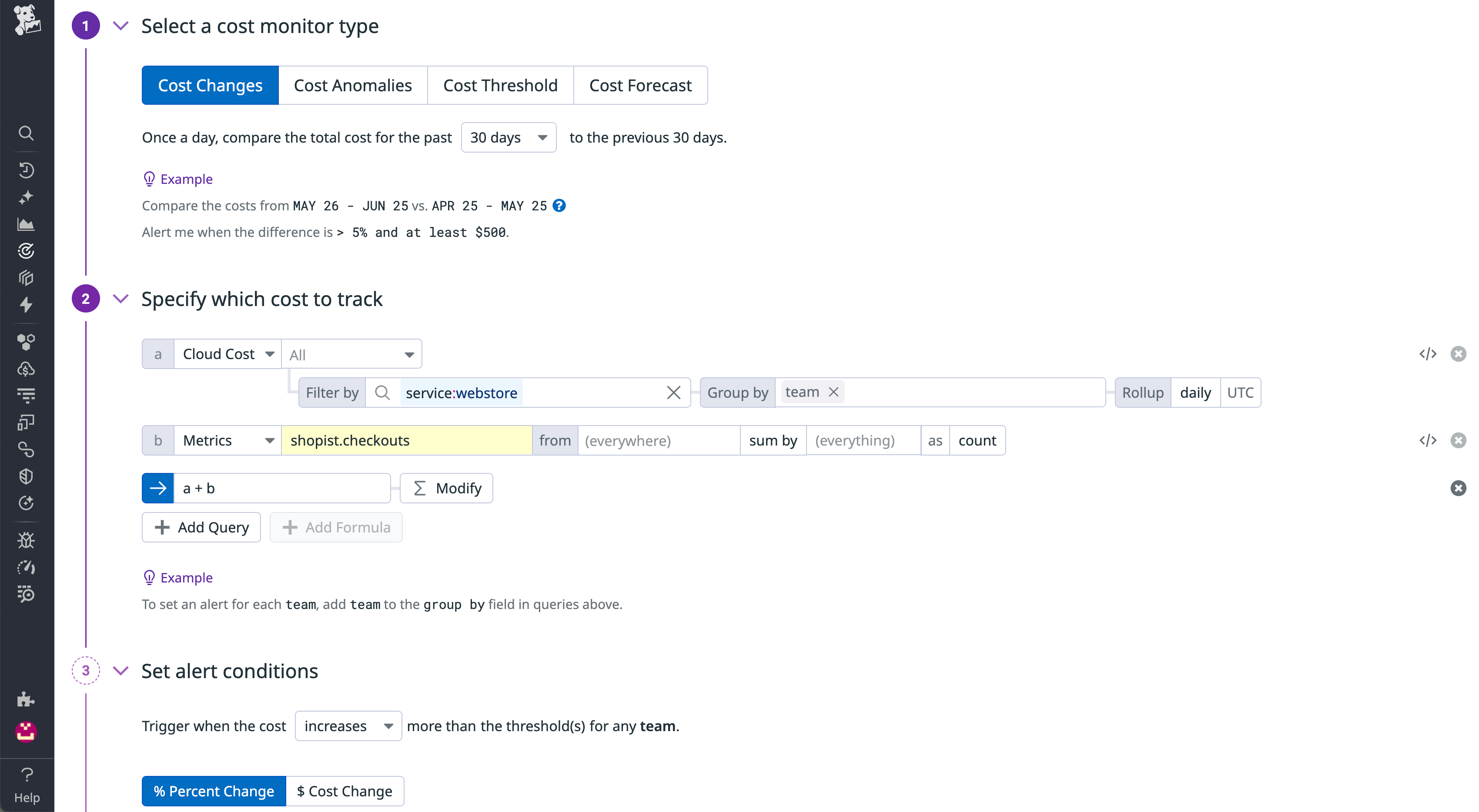 Cost Monitor configuration in CCM, filtering by a webstore service and setting cost change alert conditions over a 30-day window.