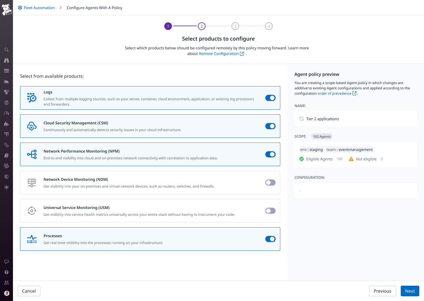 Enabling Datadog products via a policy.