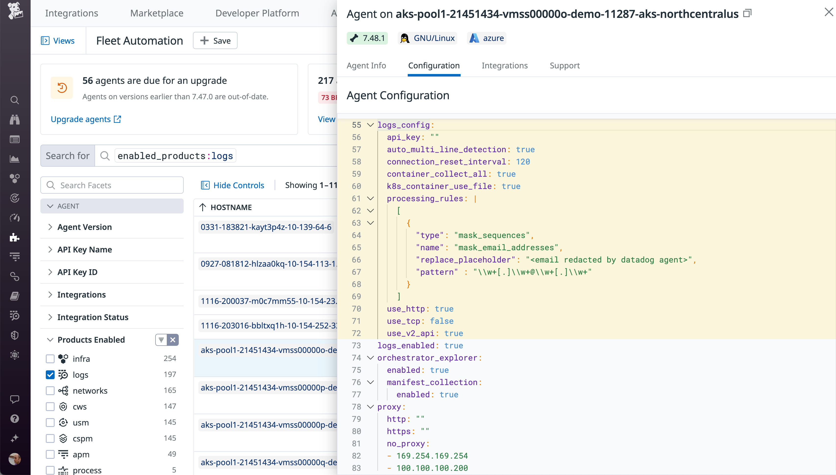 The Fleet Automation view shows a host’s YAML configuration. The logs configuration section contains an empty API key.