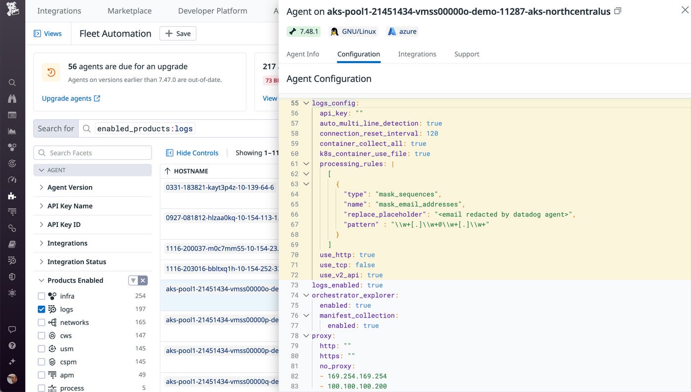 The Fleet Automation view shows a host’s YAML configuration. The logs configuration section contains an empty API key. The Fleet Automation view shows a host’s YAML configuration. The logs configuration section contains an empty API key.