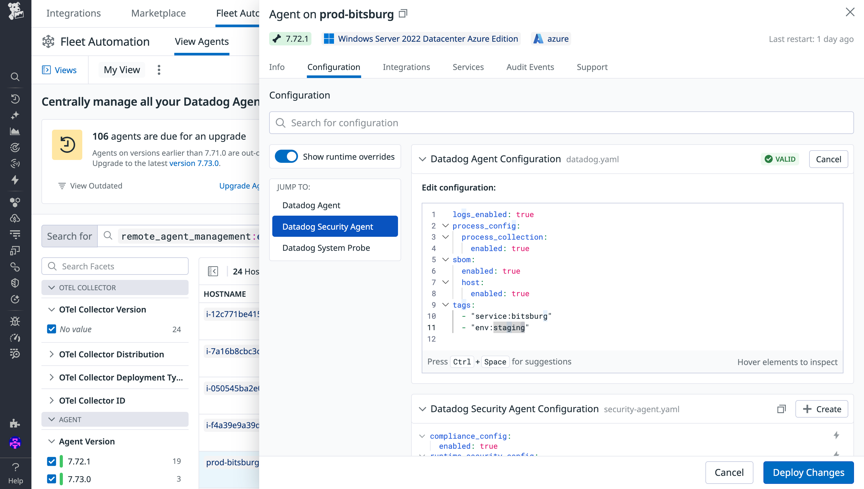 Screenshot of the Fleet Automation Agent details side panel where you can directly edit and deploy configurations to the Agent in YAML.