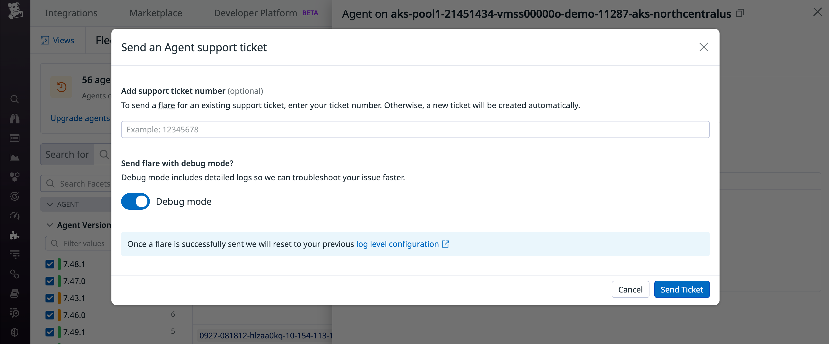 From the Support tab in the Fleet Automation view, the Send Ticket button launches a form to send a flare for an existing or new support ticket.