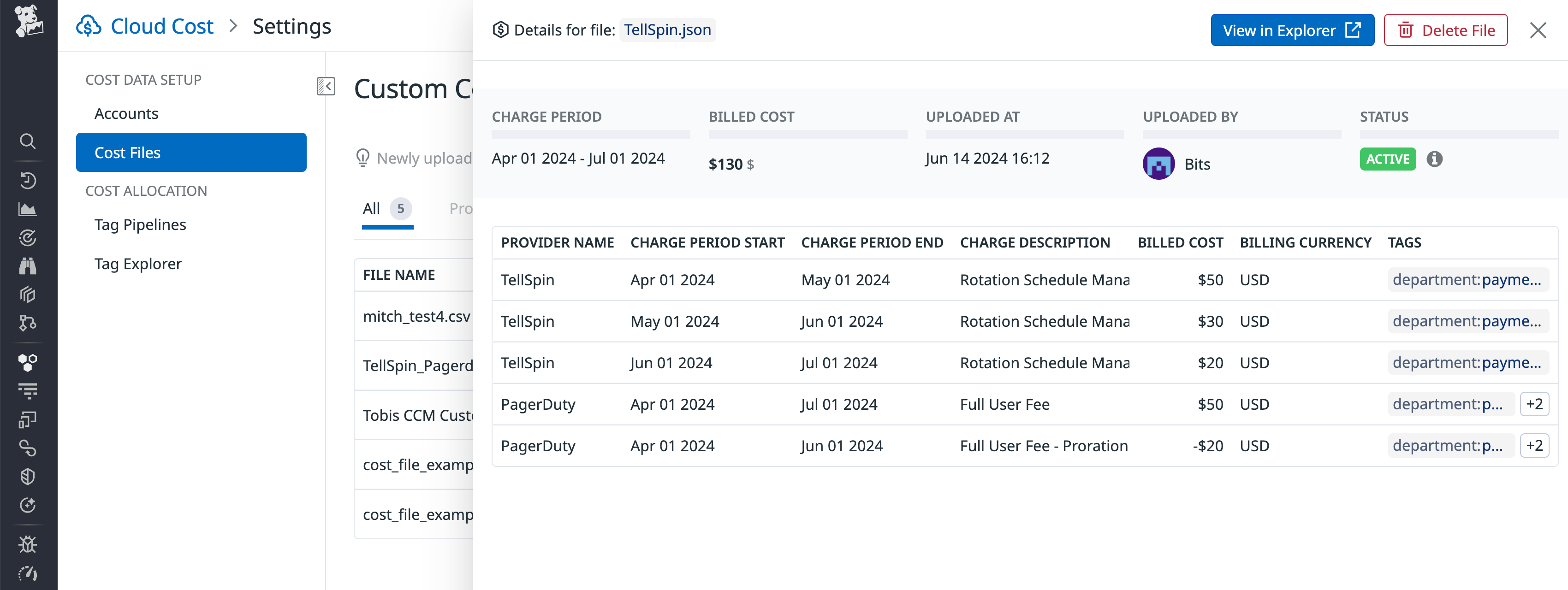 The Cloud Cost settings page shows a list of cost data files that have been uploaded, including the billing amounts, currency, and tags.