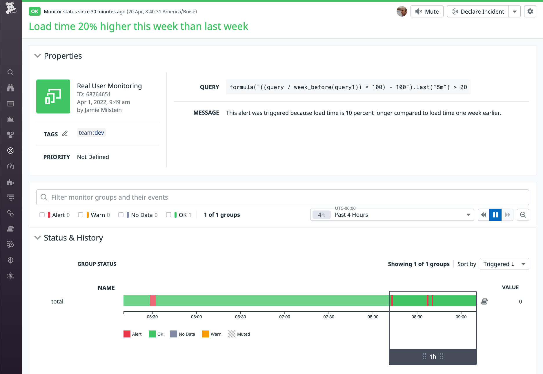A screenshot shows a RUM monitor that tracks page load time.