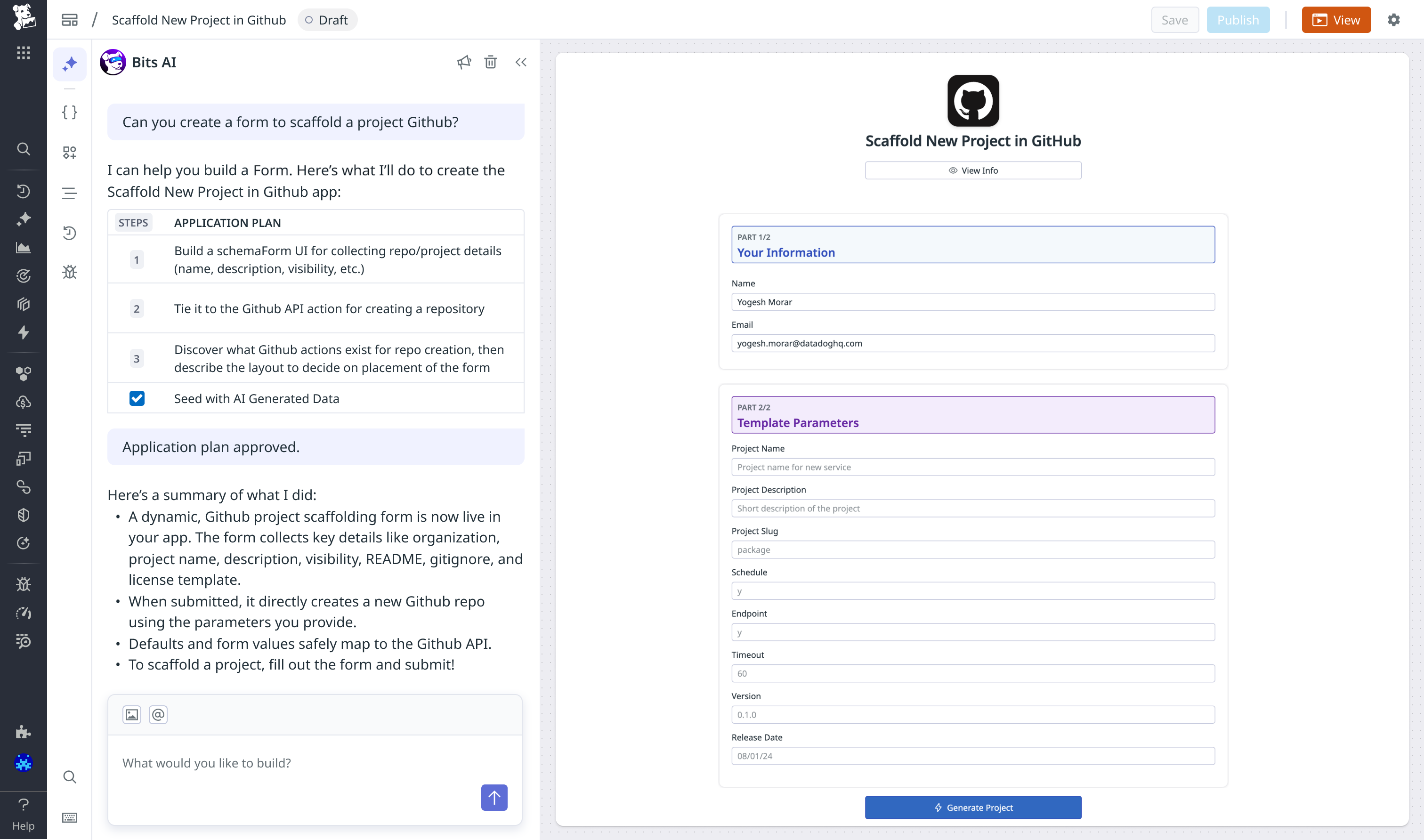 A screenshot of an example conversational AI prompt that creates a form to scaffold a new project in GitHub.