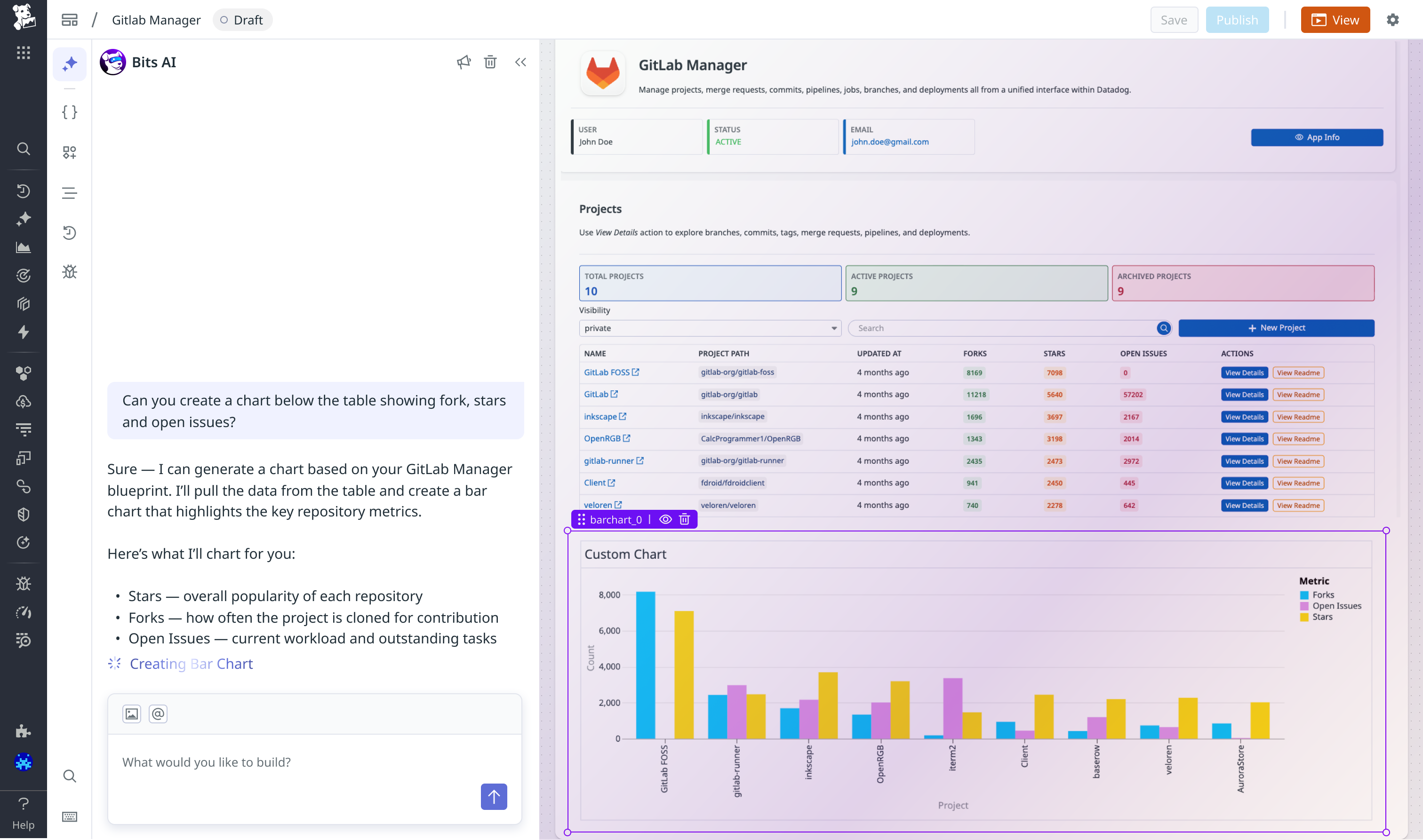 A screenshot of an example conversational AI prompt that edits an existing GitLab Manager App blueprint.
