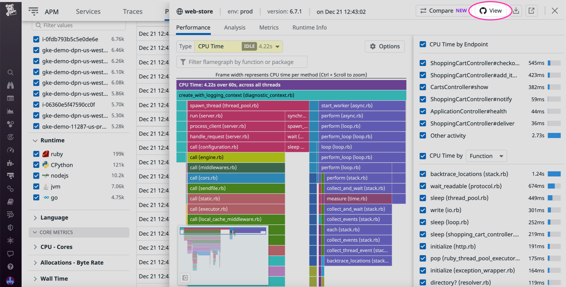Button for viewing GitHub repositories from the Continuous Profiler page.