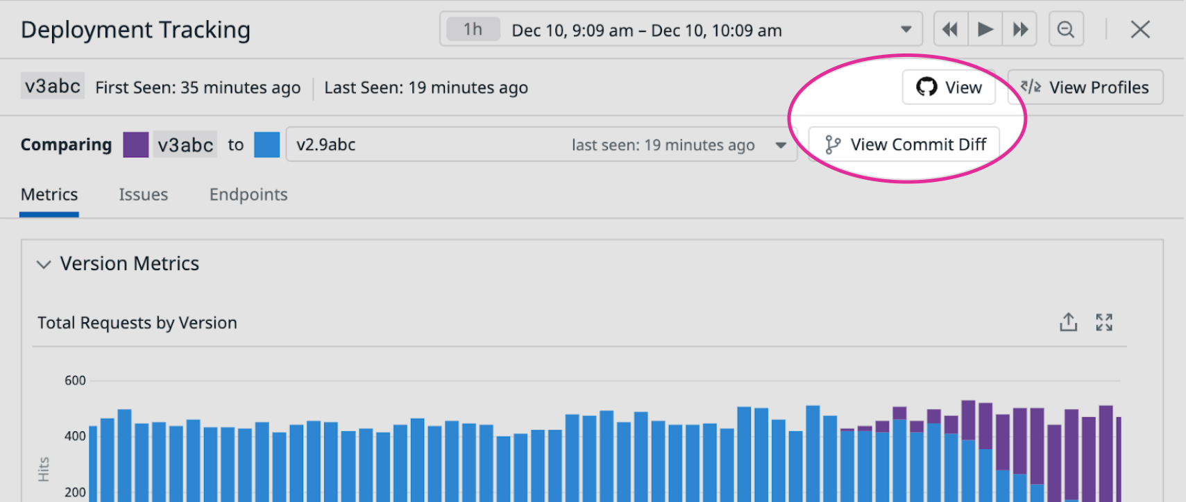 Buttons for viewing GitHub repositories and commit differences from the Deployment Tracking page.