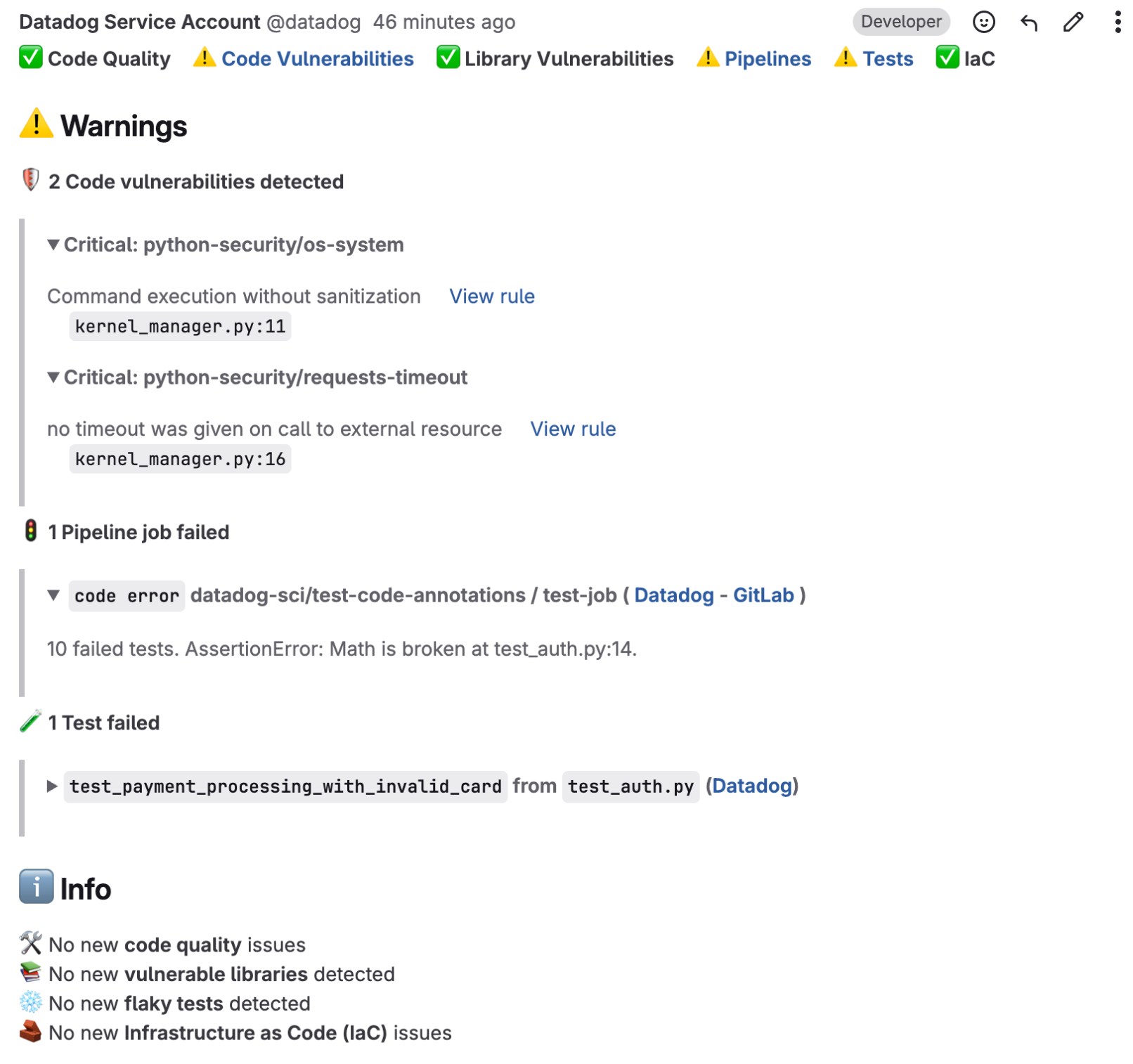 Updates from Datadog service account in GitLab summarizing vulnerability scans, pipeline errors, and failed tests.