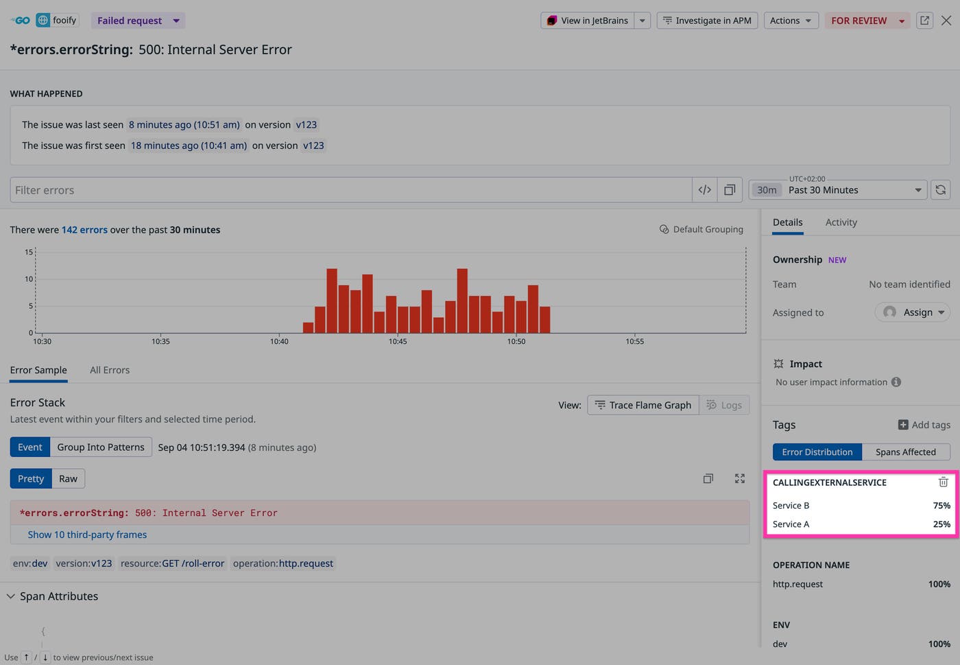 Datadog Error Tracking showing an unhandled error with tags indicating 75% from Service B and 25% from Service A. Datadog Error Tracking showing an unhandled error with tags indicating 75% from Service B and 25% from Service A.
