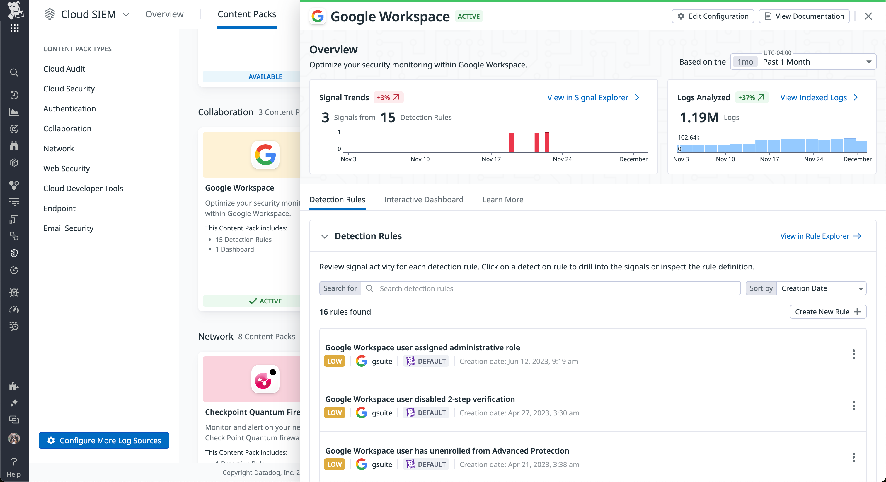 Enable the Google Workspace Content Pack in Datadog Cloud SIEM.