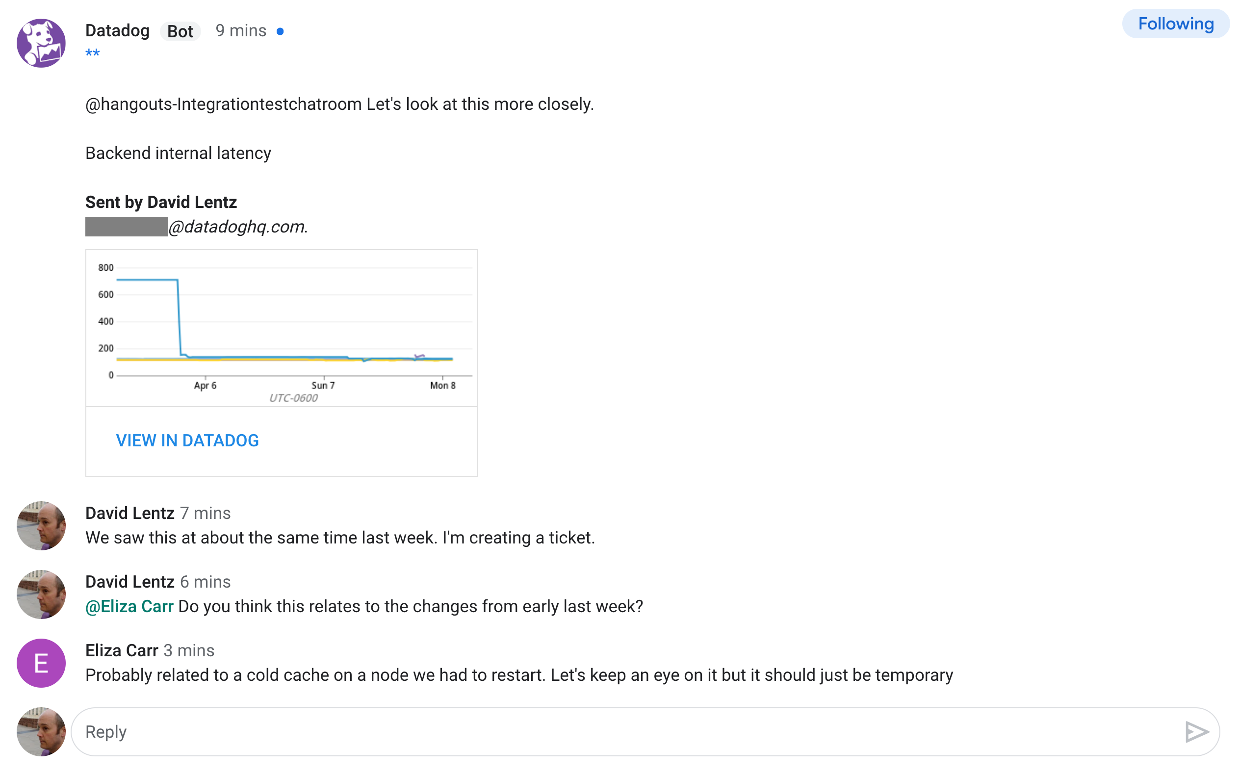 A message inside the chat room shows the annotated graph, sent from a Datadog user via the Datadog bot.
