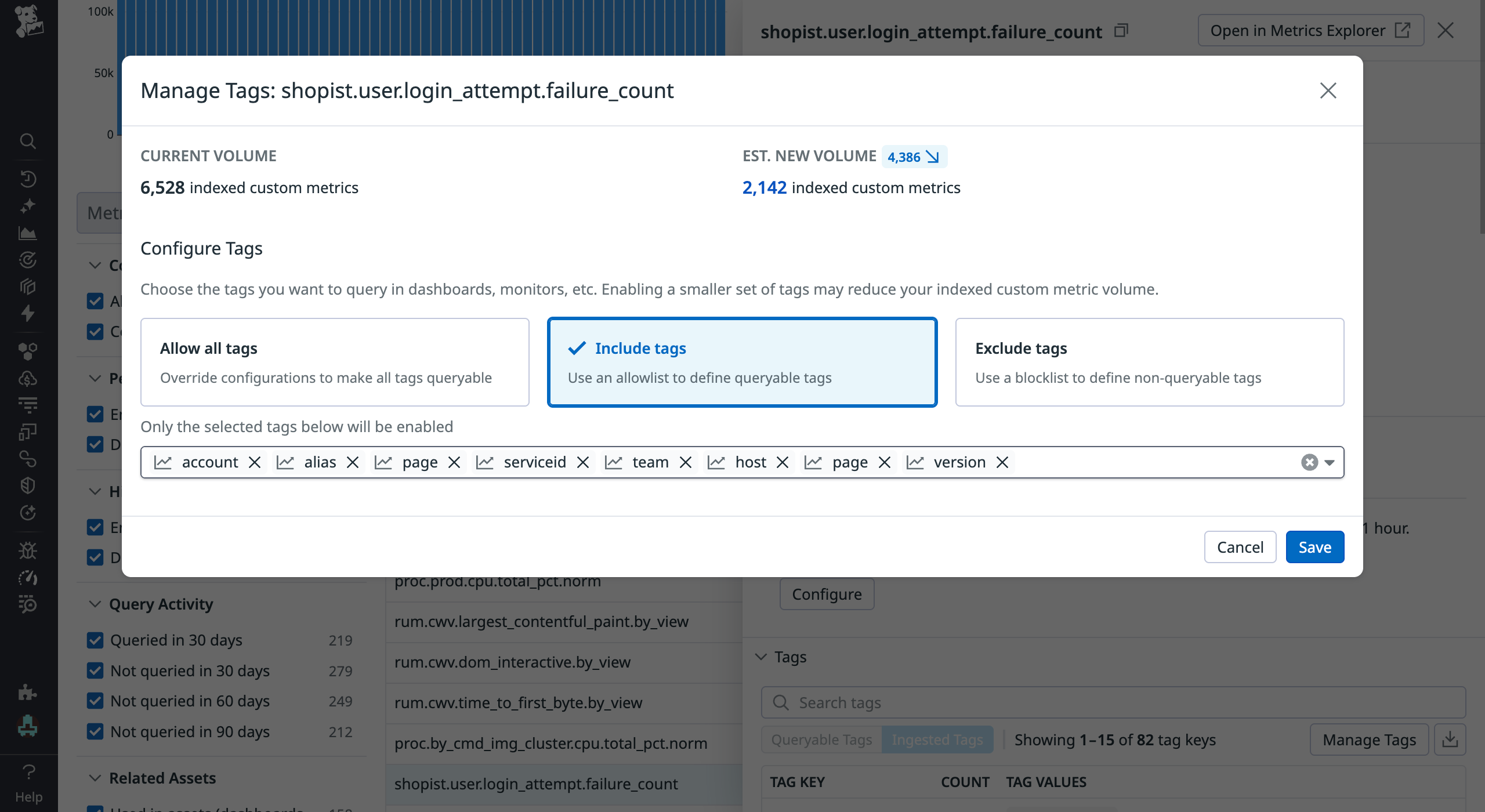 Manage tags dialog showing tag allowlist and estimated reduction in indexed custom metrics