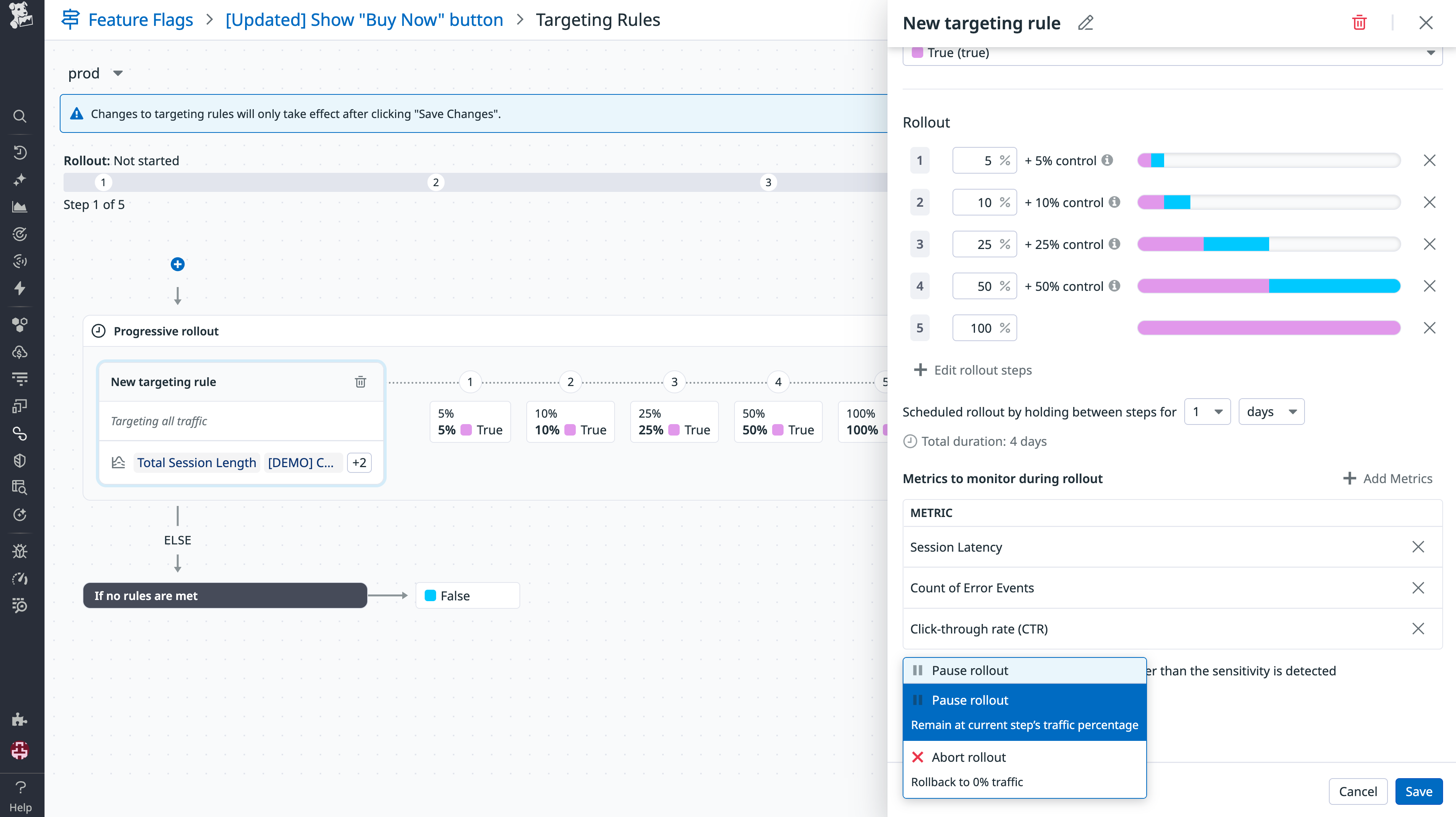 A screenshot showing how guardrail metrics are used in Datadog Feature Flags.