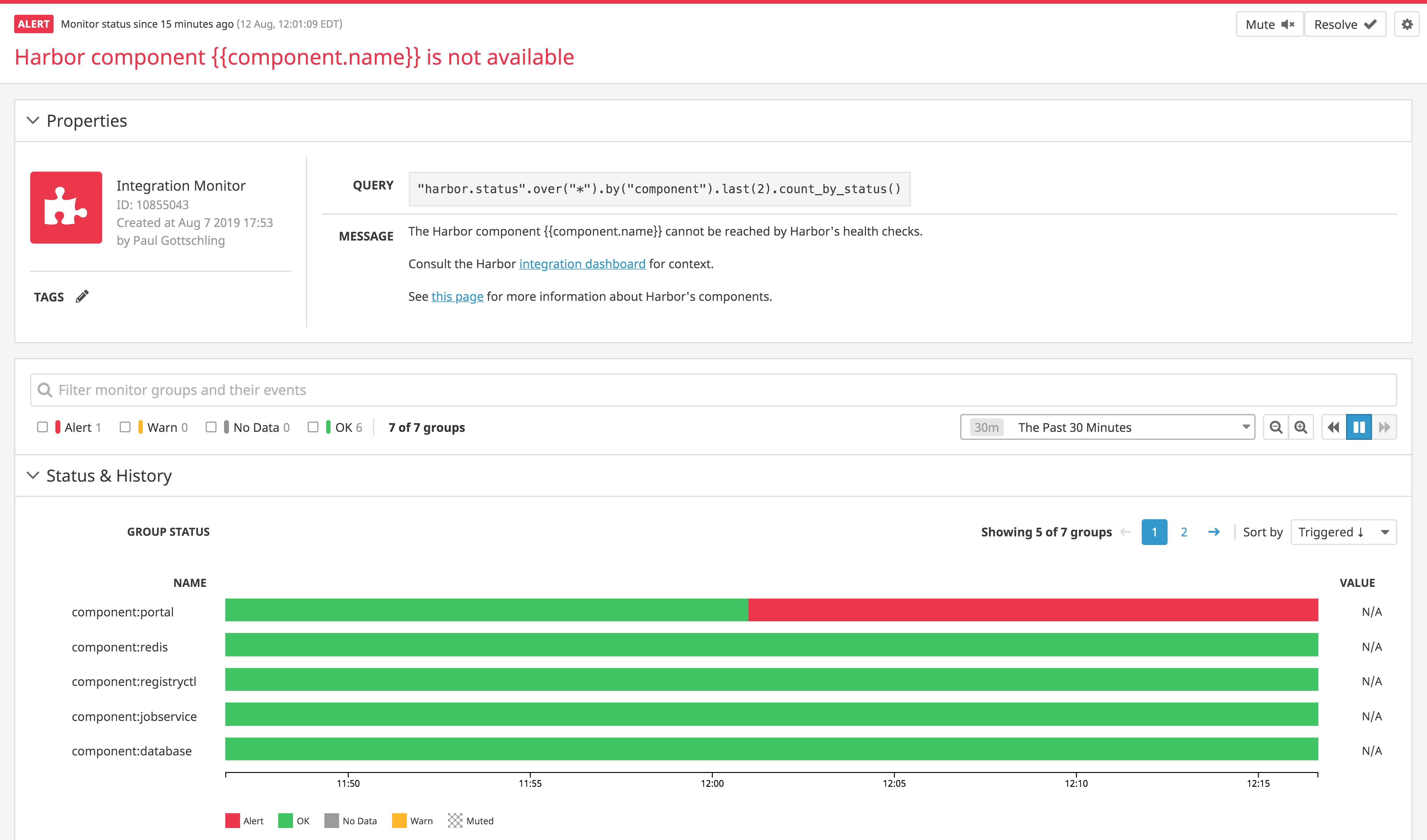 Viewing an alert for Harbor's per-component status.